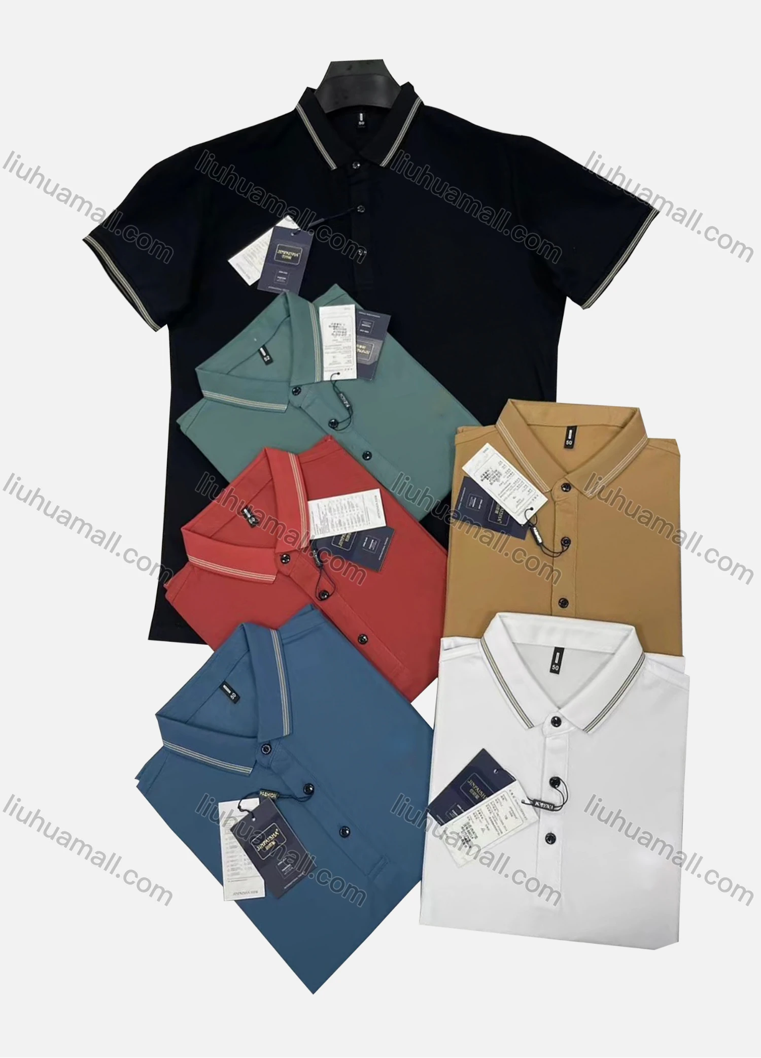 Wholesale Men's Casual Plain Striped Trim Short Sleeve Polo Shirt 8801# - Liuhuamall
