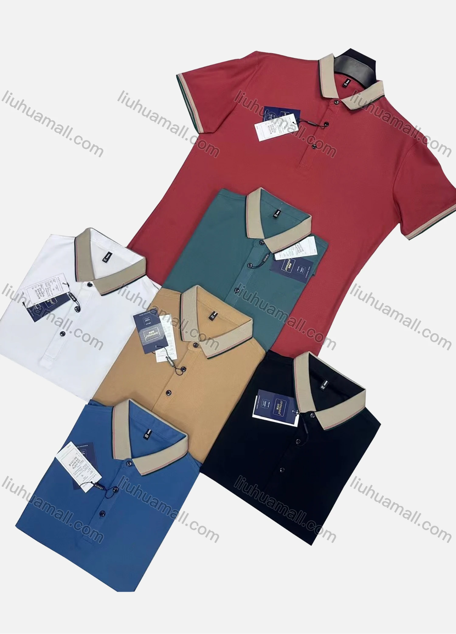 Wholesale Men's Casual Plain Striped Trim Contrast Short Sleeve Polo Shirt 8819# - Liuhuamall