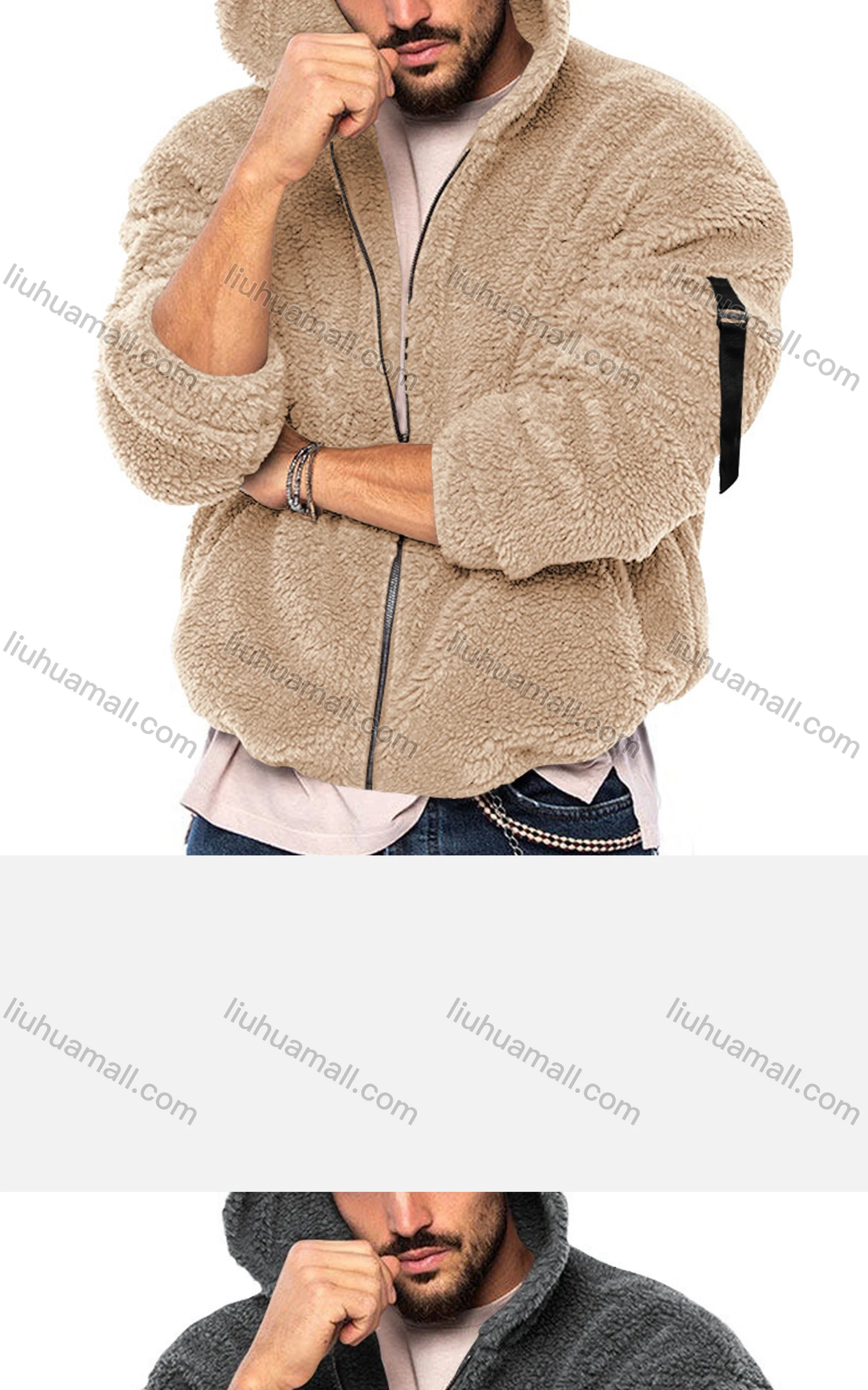 Wholesale Men's Casual Plain Hooded Long Sleeve Berber Fleece Thermal Jacket - Liuhuamall