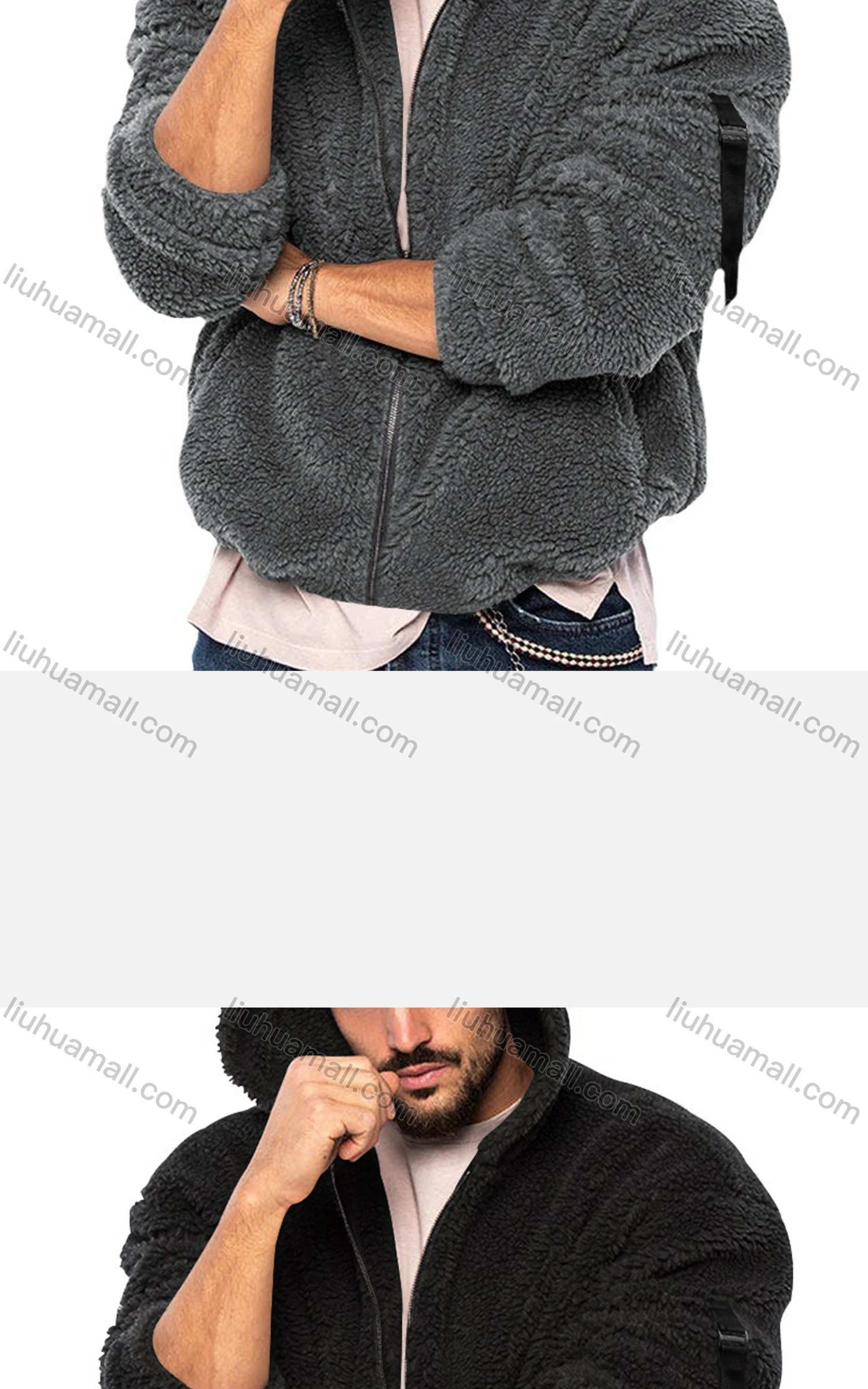 Wholesale Men's Casual Plain Hooded Long Sleeve Berber Fleece Thermal Jacket - Liuhuamall