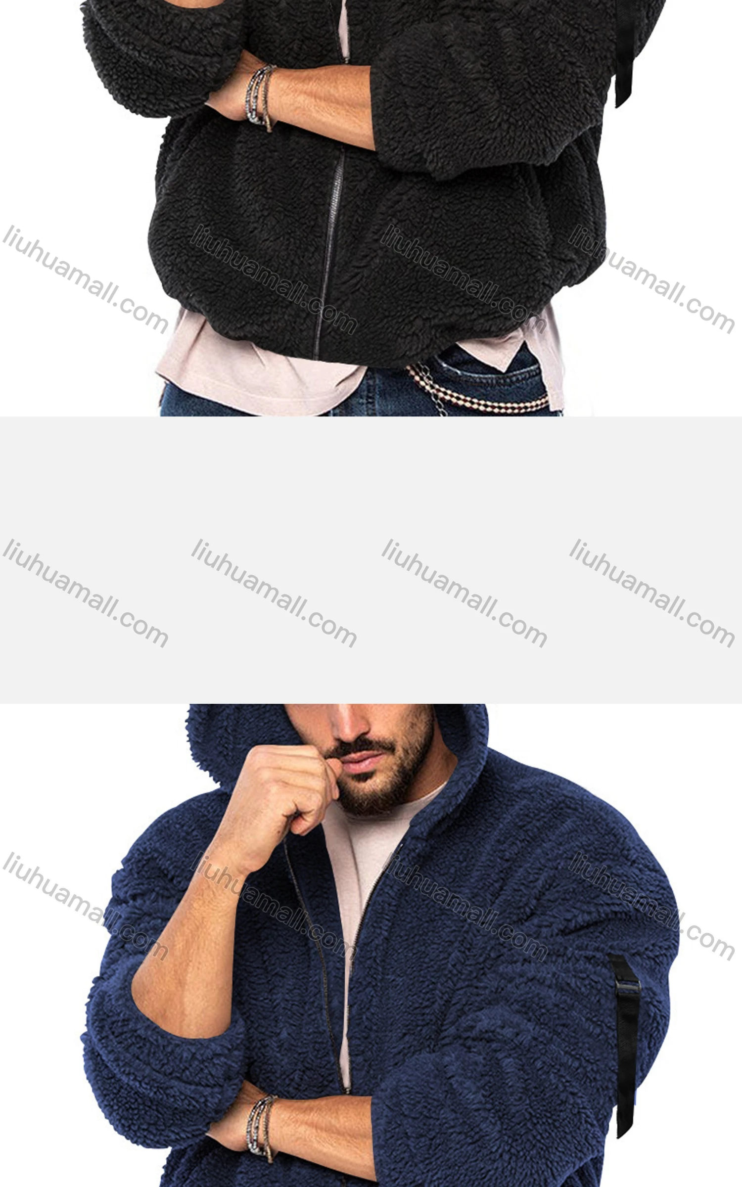 Wholesale Men's Casual Plain Hooded Long Sleeve Berber Fleece Thermal Jacket - Liuhuamall