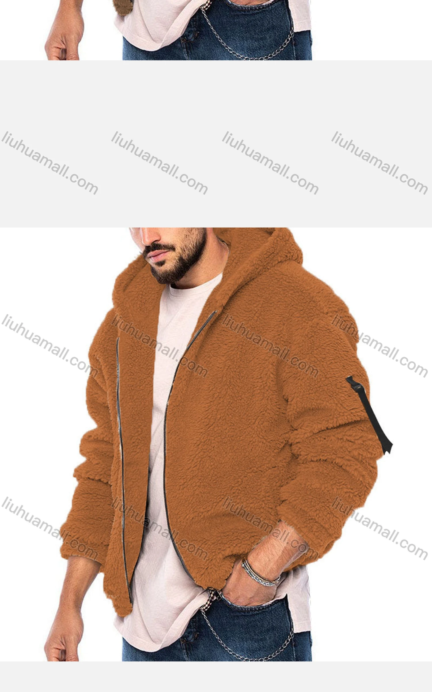 Wholesale Men's Casual Plain Hooded Long Sleeve Berber Fleece Thermal Jacket - Liuhuamall