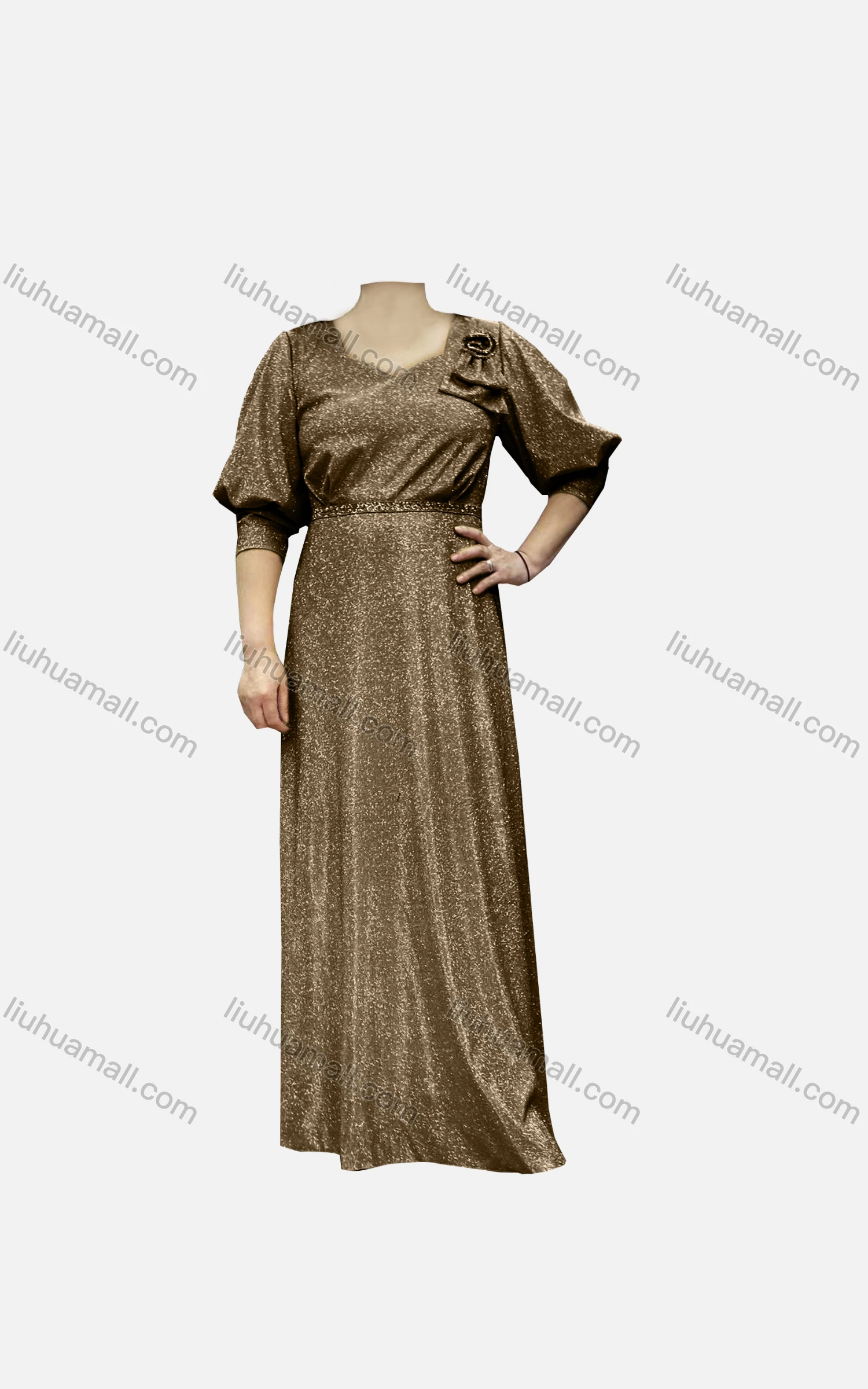 Wholesale Women's Elegant Half Sleeve Sweetheart Collar Bronzing Sequin Waist Bow Knot Evening Dress - Liuhuamall