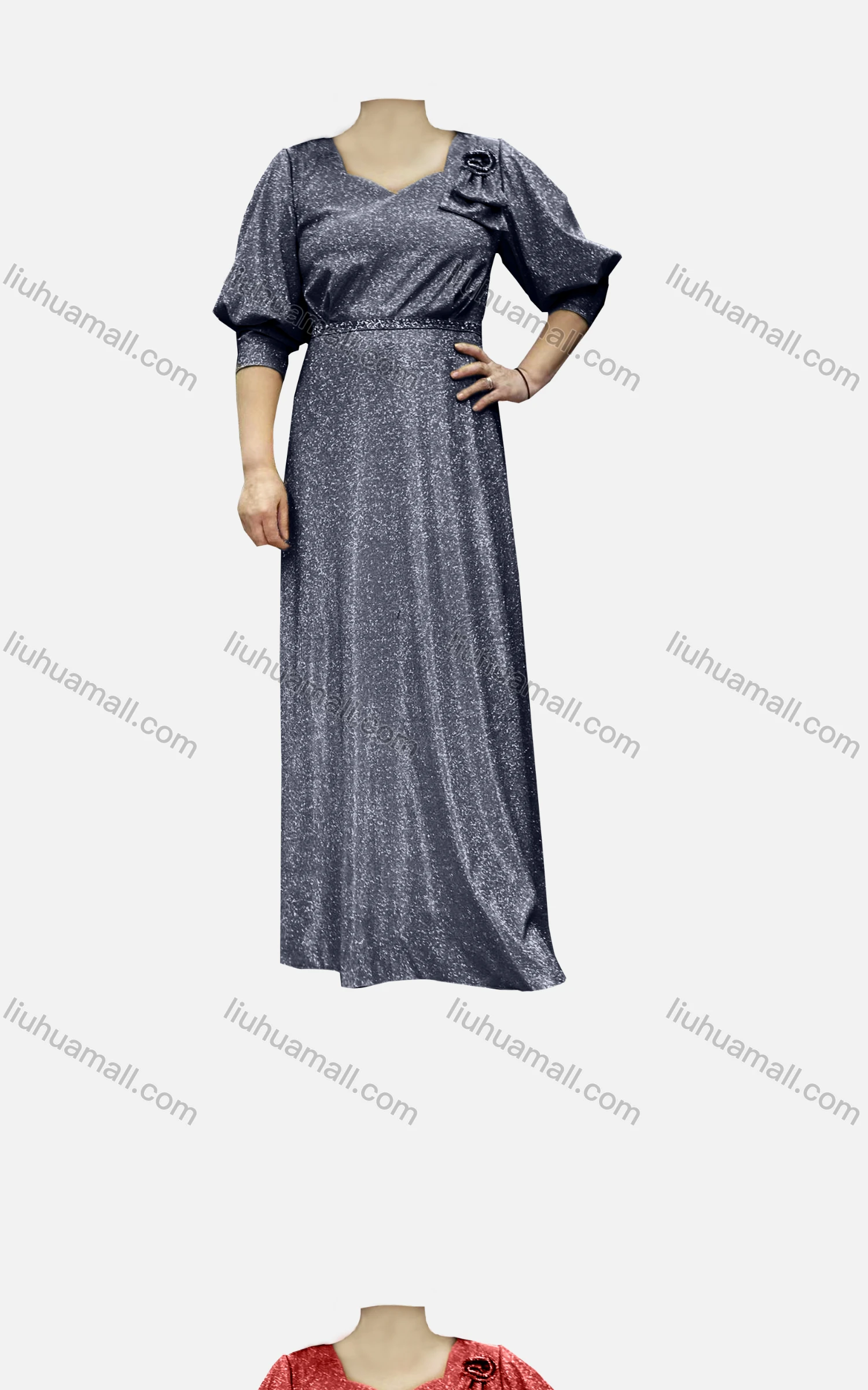 Wholesale Women's Elegant Half Sleeve Sweetheart Collar Bronzing Sequin Waist Bow Knot Evening Dress - Liuhuamall