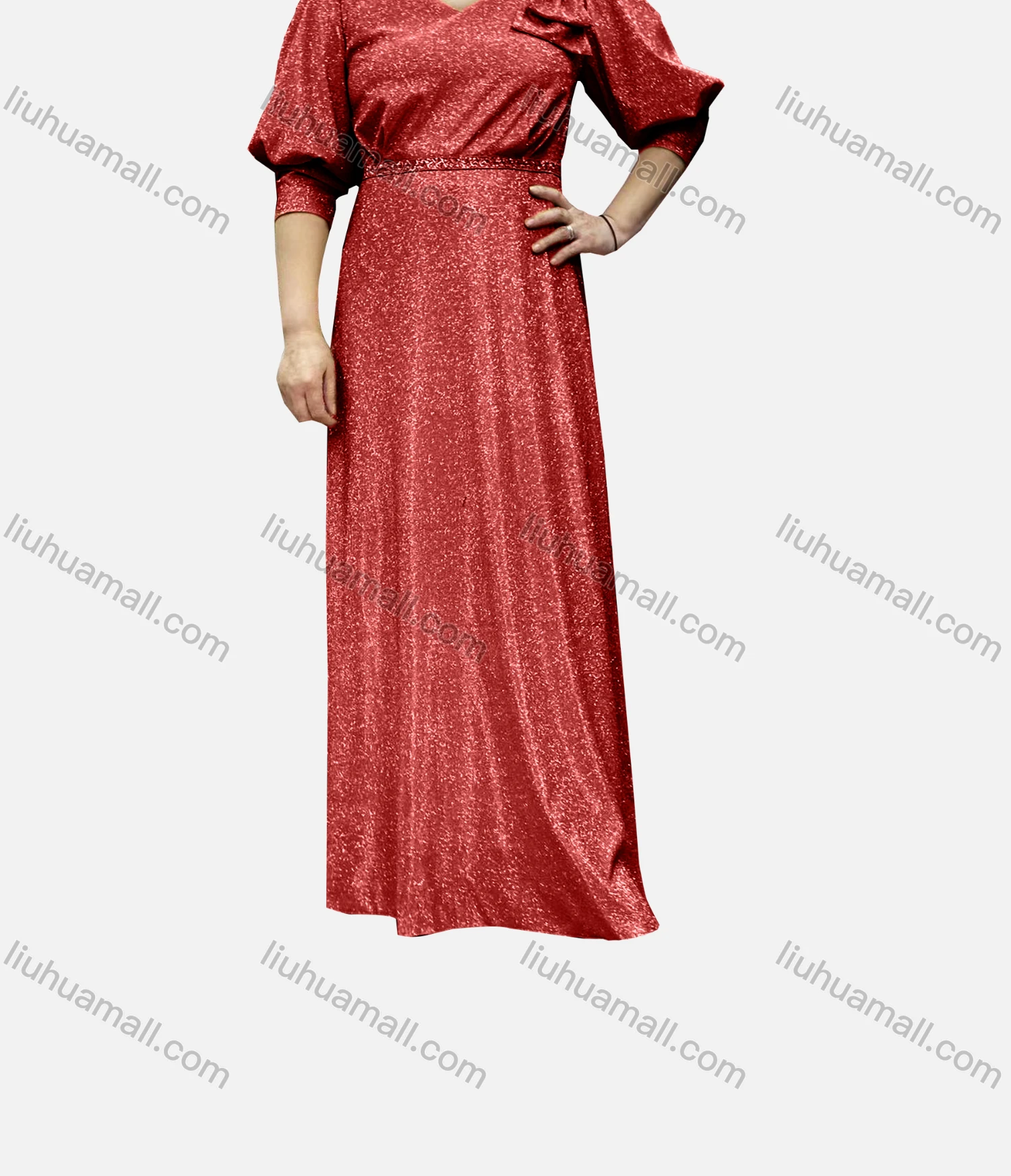 Wholesale Women's Elegant Half Sleeve Sweetheart Collar Bronzing Sequin Waist Bow Knot Evening Dress - Liuhuamall