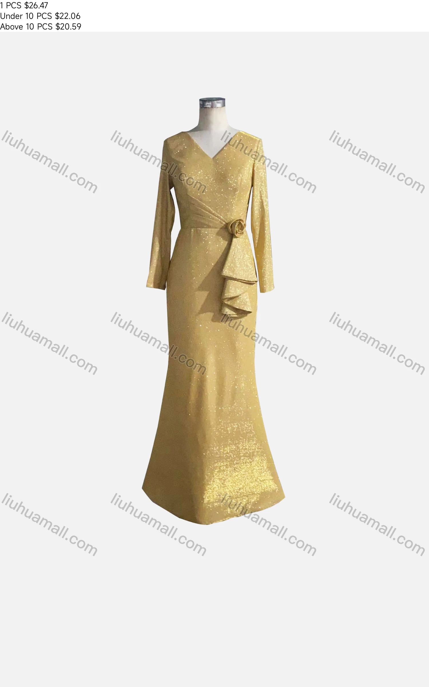 Wholesale Women's Elegant Long Sleeve V Neck Bronzing Rose Decor Evening Dress - Liuhuamall