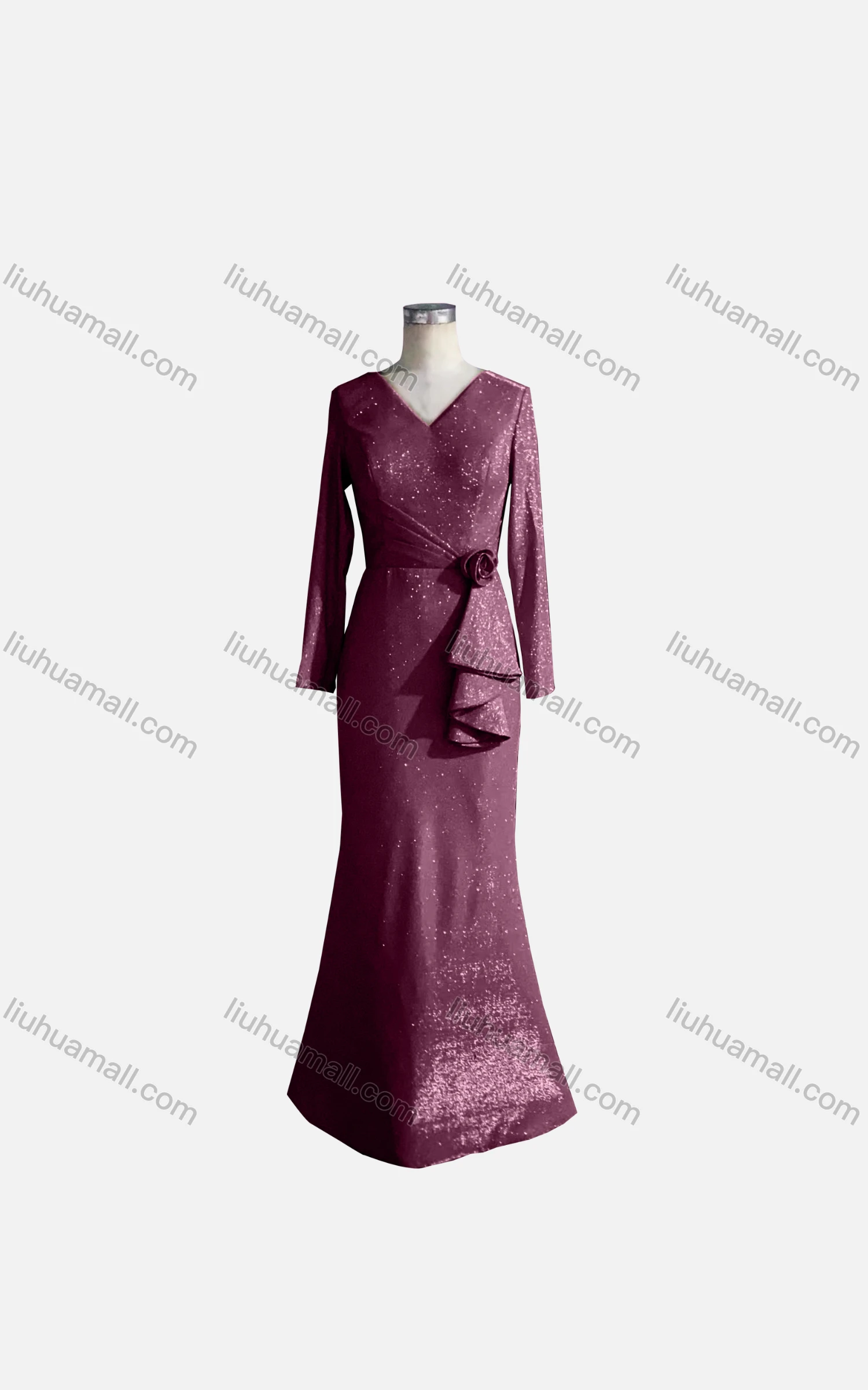 Wholesale Women's Elegant Long Sleeve V Neck Bronzing Rose Decor Evening Dress - Liuhuamall