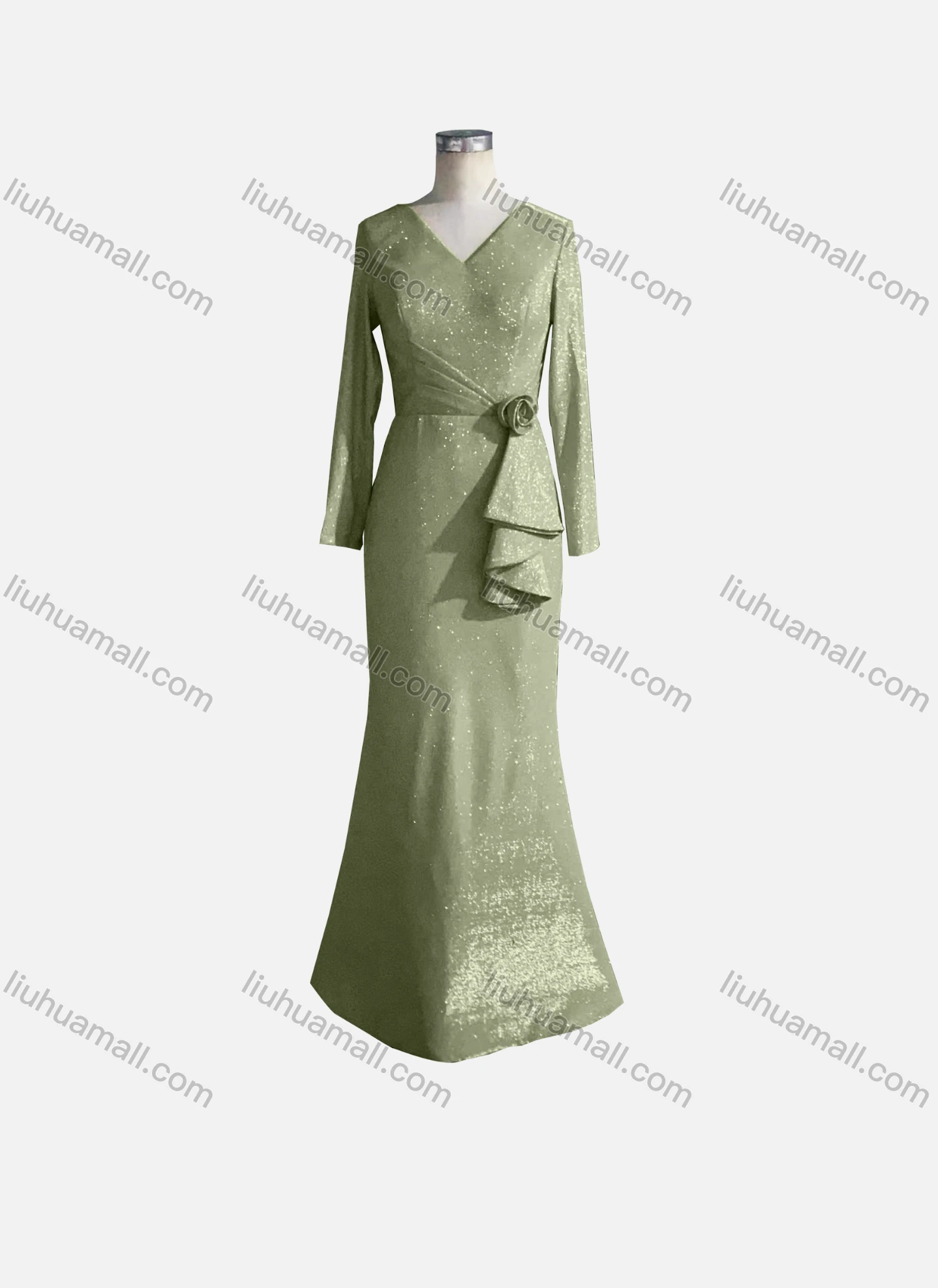 Wholesale Women's Elegant Long Sleeve V Neck Bronzing Rose Decor Evening Dress - Liuhuamall