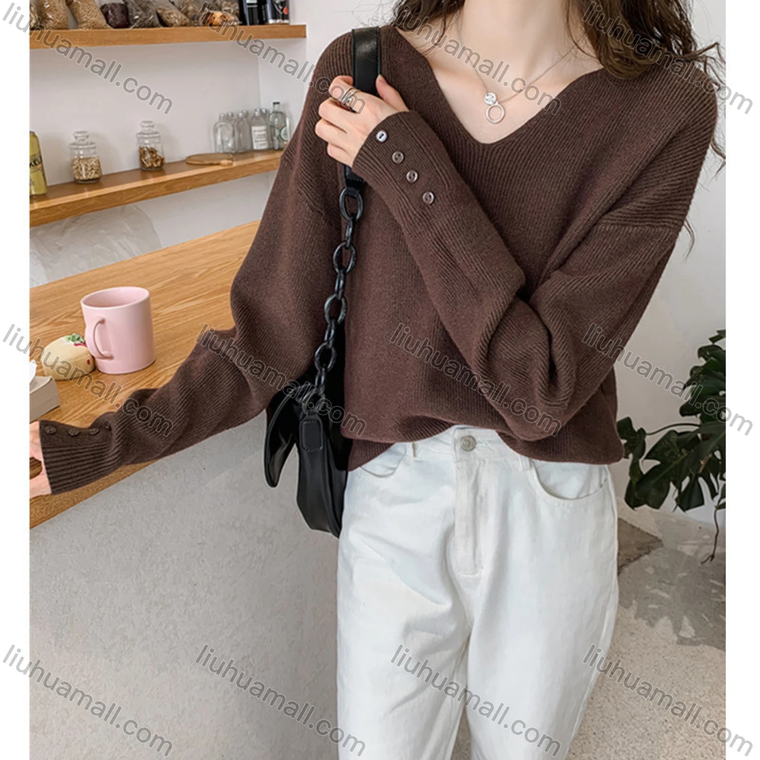 Wholesale Women's Casual Plain V Neck Long Sleeve Overshirt Knitwear Sweater - Liuhuamall