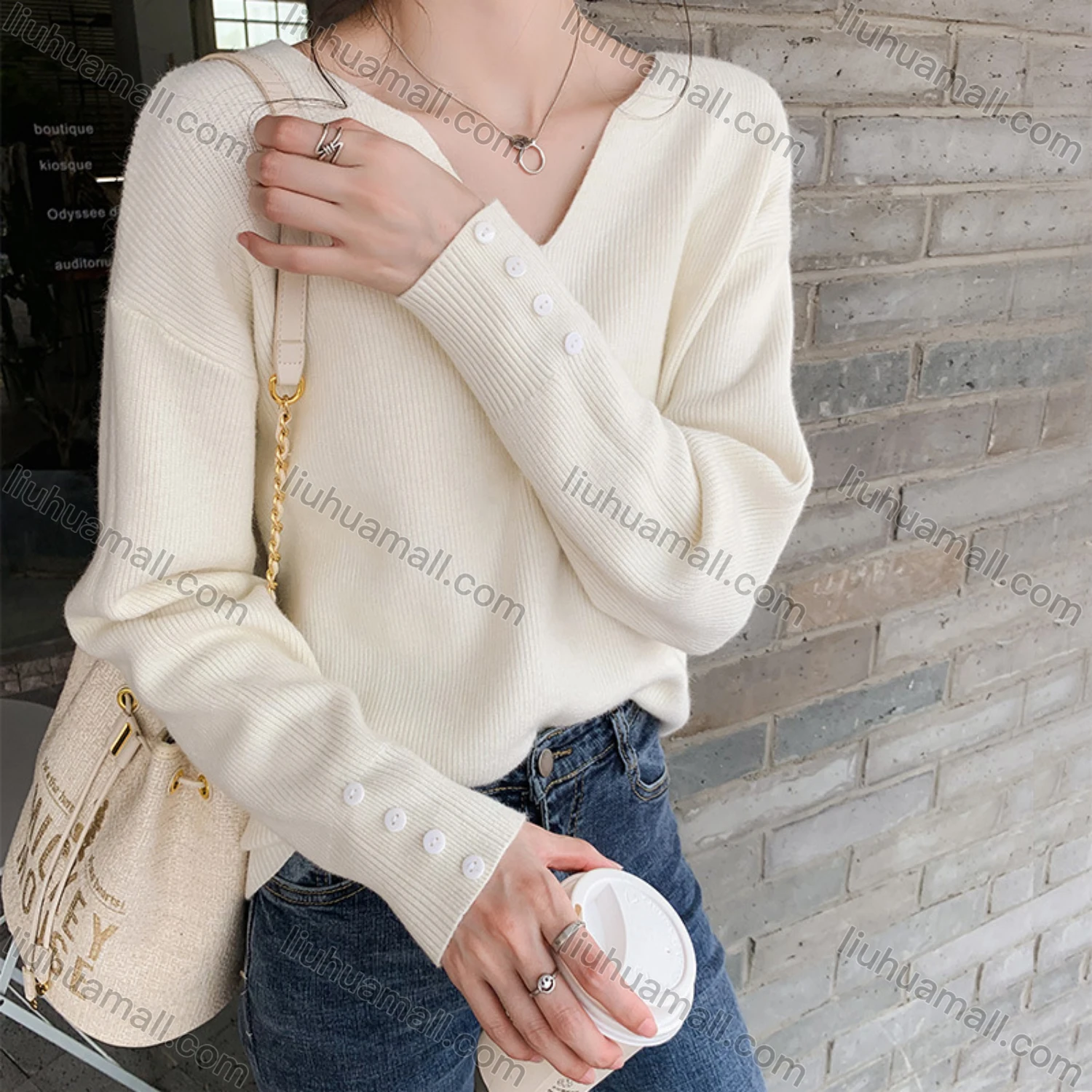 Wholesale Women's Casual Plain V Neck Long Sleeve Overshirt Knitwear Sweater - Liuhuamall