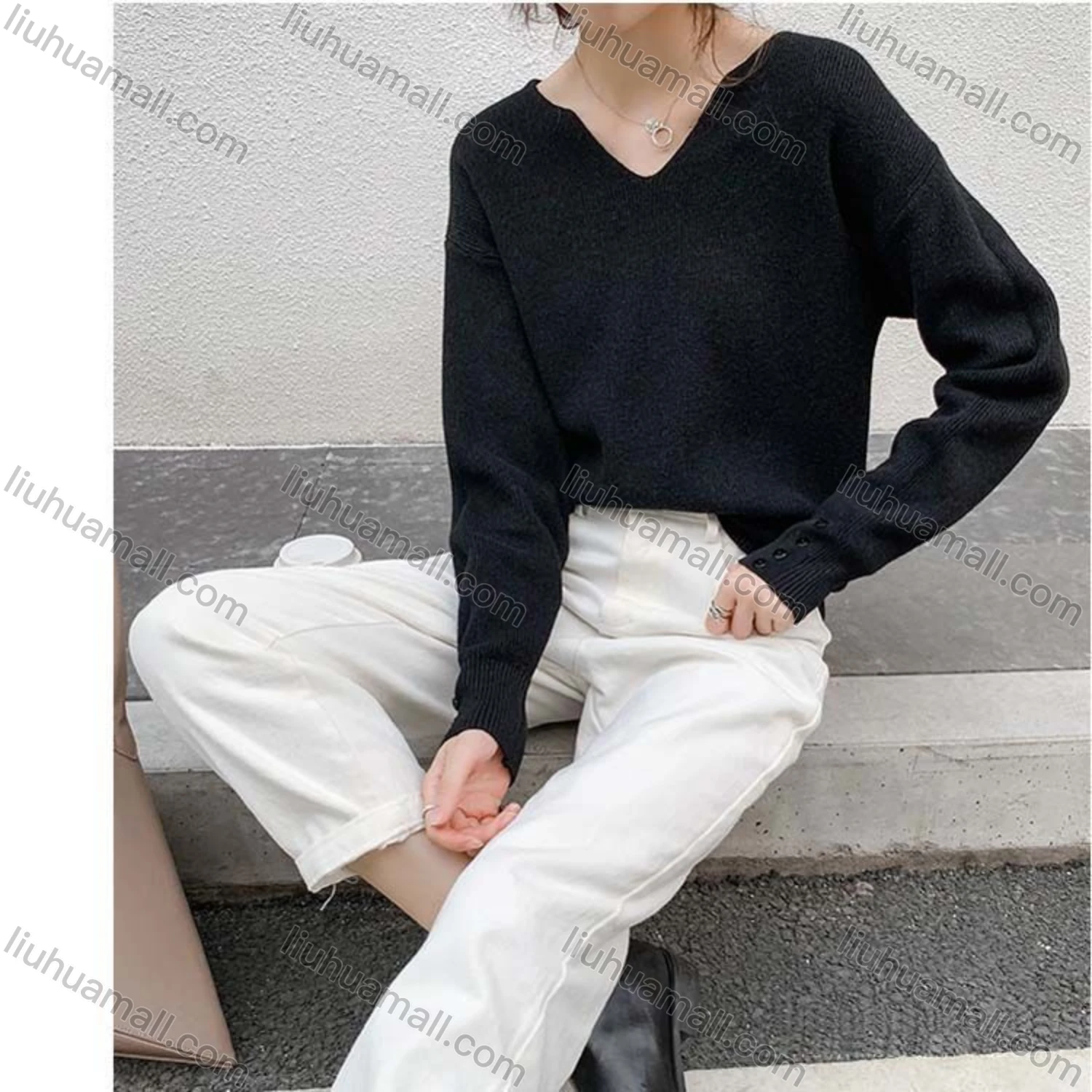 Wholesale Women's Casual Plain V Neck Long Sleeve Overshirt Knitwear Sweater - Liuhuamall