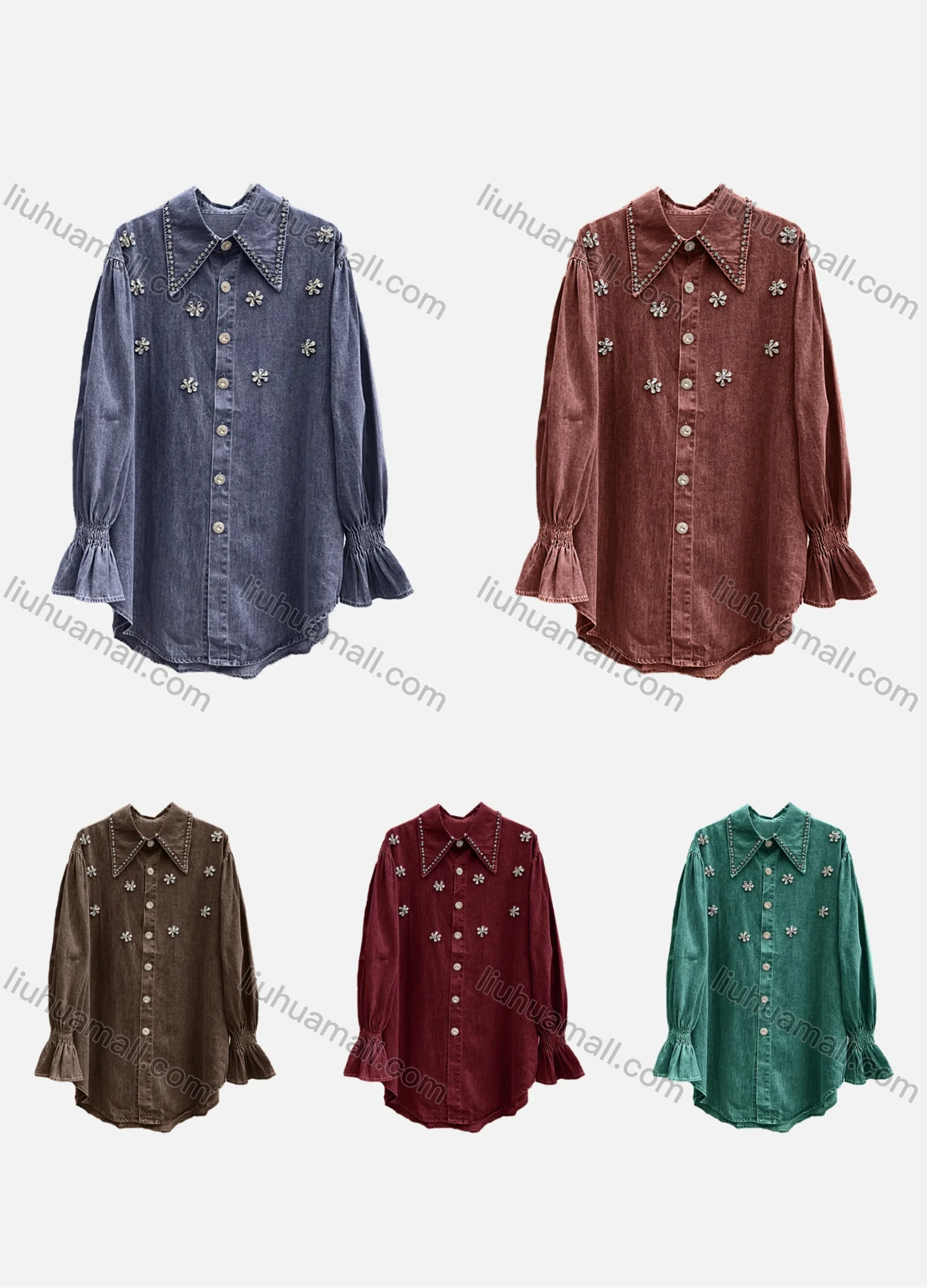 Wholesale Women's Casual Plain Shirred Rhinestone Collared Long Sleeve Curved Hem Button Down Denim Shirt - Liuhuamall