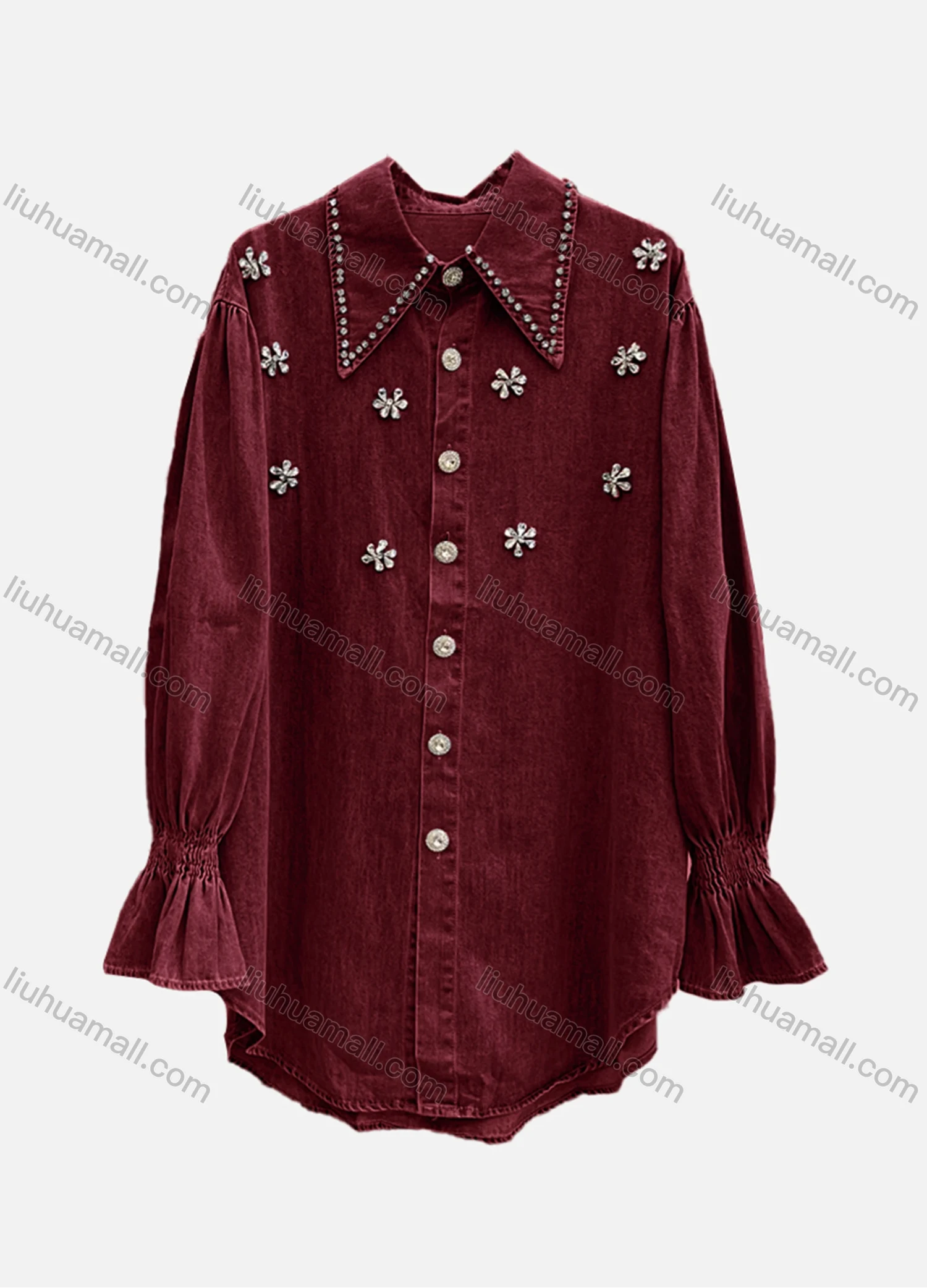 Wholesale Women's Casual Plain Shirred Rhinestone Collared Long Sleeve Curved Hem Button Down Denim Shirt - Liuhuamall