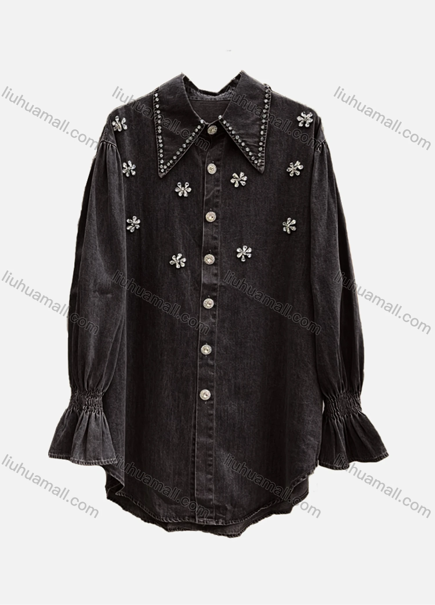 Wholesale Women's Casual Plain Shirred Rhinestone Collared Long Sleeve Curved Hem Button Down Denim Shirt - Liuhuamall