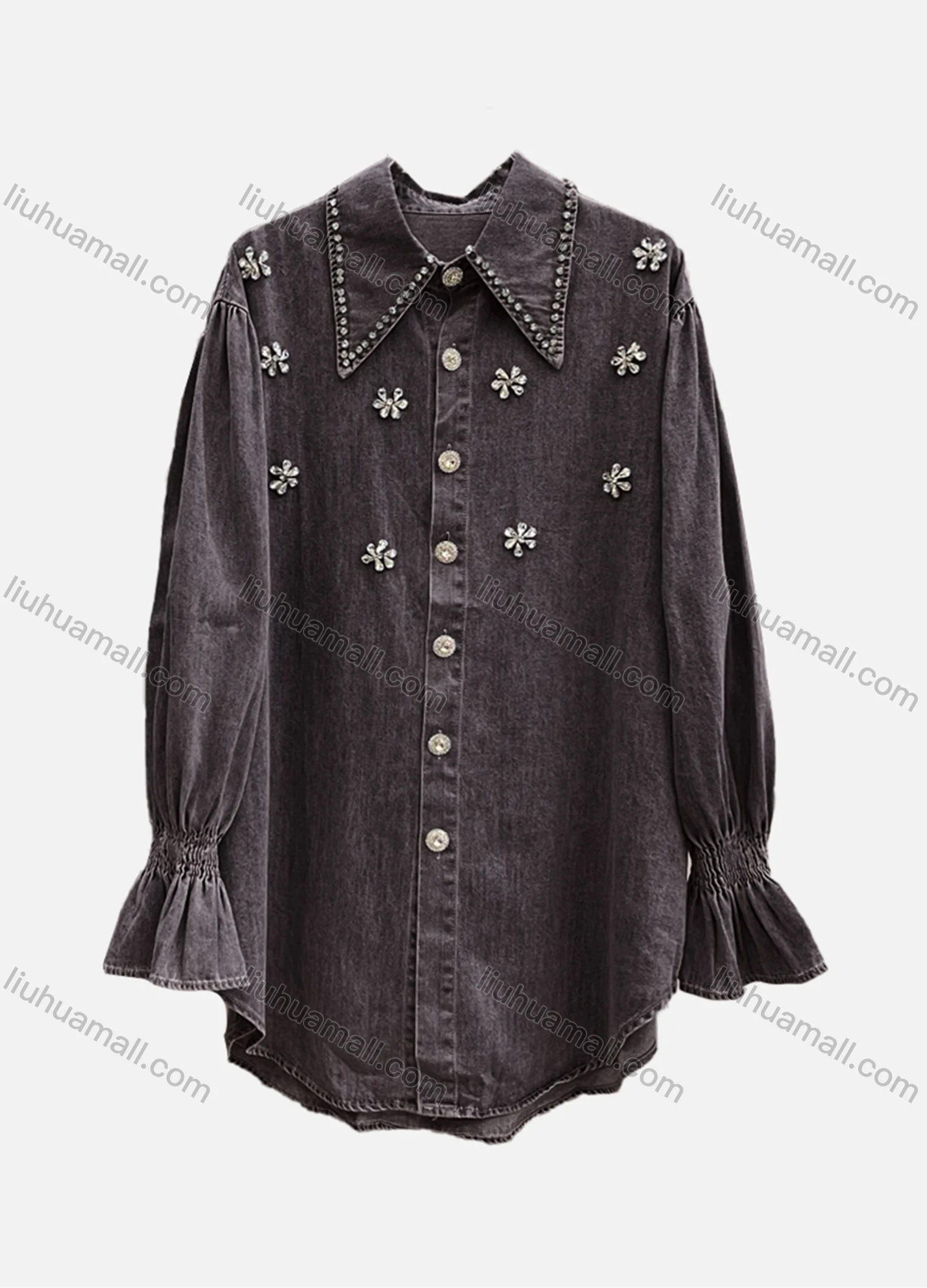 Wholesale Women's Casual Plain Shirred Rhinestone Collared Long Sleeve Curved Hem Button Down Denim Shirt - Liuhuamall