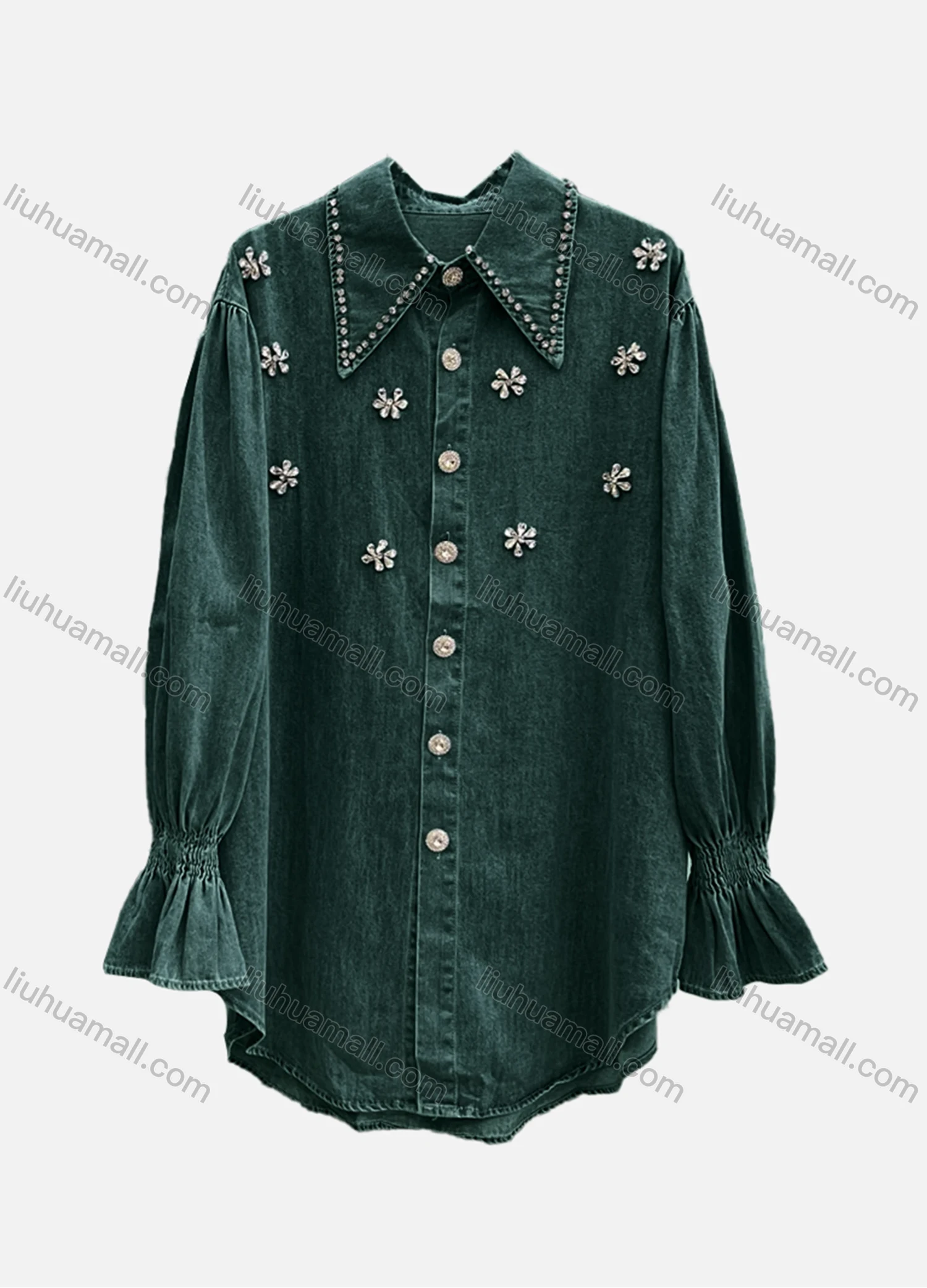 Wholesale Women's Casual Plain Shirred Rhinestone Collared Long Sleeve Curved Hem Button Down Denim Shirt - Liuhuamall