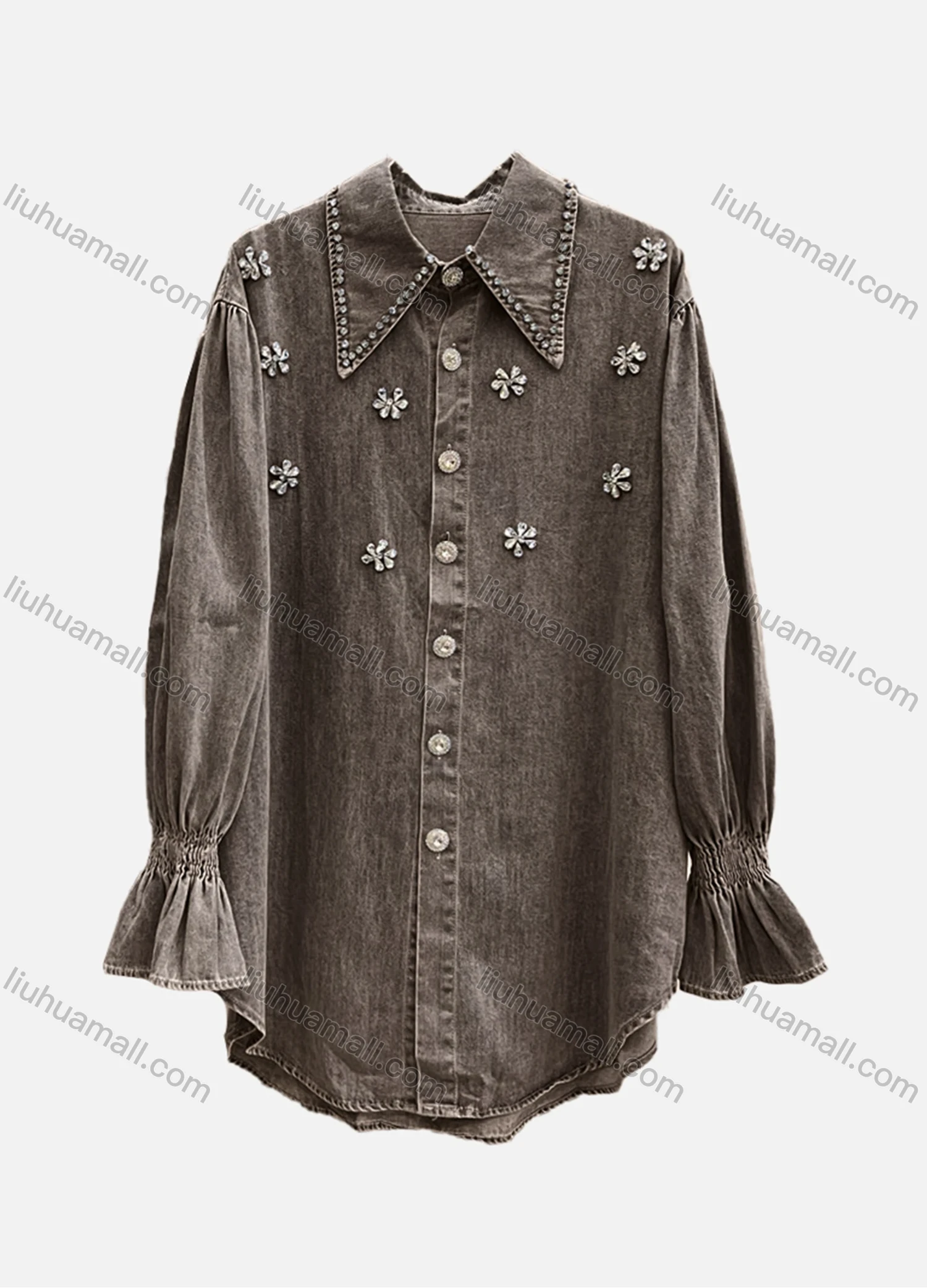 Wholesale Women's Casual Plain Shirred Rhinestone Collared Long Sleeve Curved Hem Button Down Denim Shirt - Liuhuamall