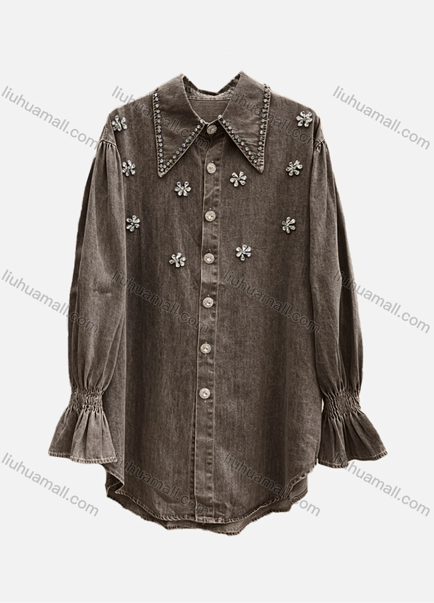 Wholesale Women's Casual Plain Shirred Rhinestone Collared Long Sleeve Curved Hem Button Down Denim Shirt - Liuhuamall