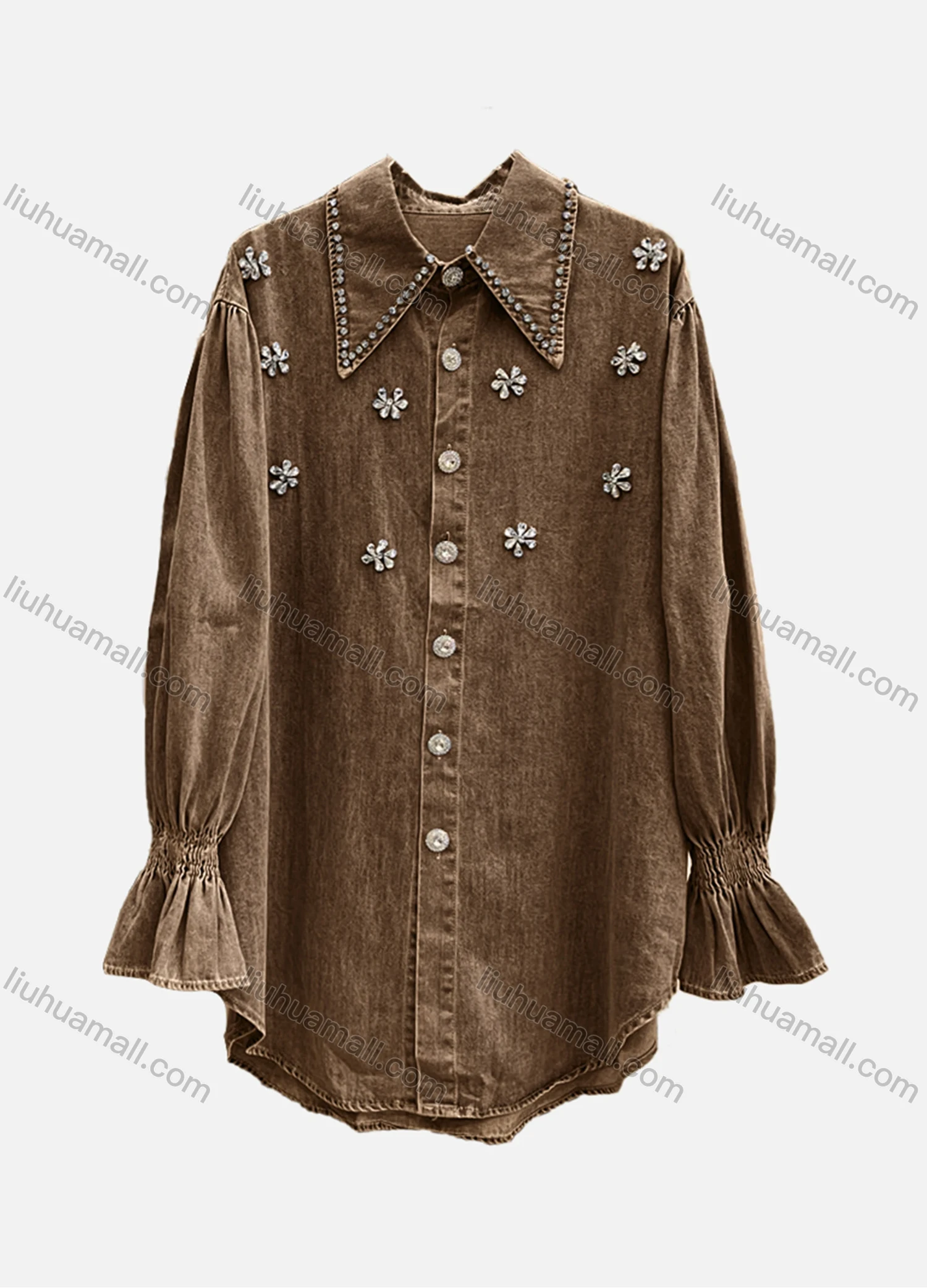 Wholesale Women's Casual Plain Shirred Rhinestone Collared Long Sleeve Curved Hem Button Down Denim Shirt - Liuhuamall