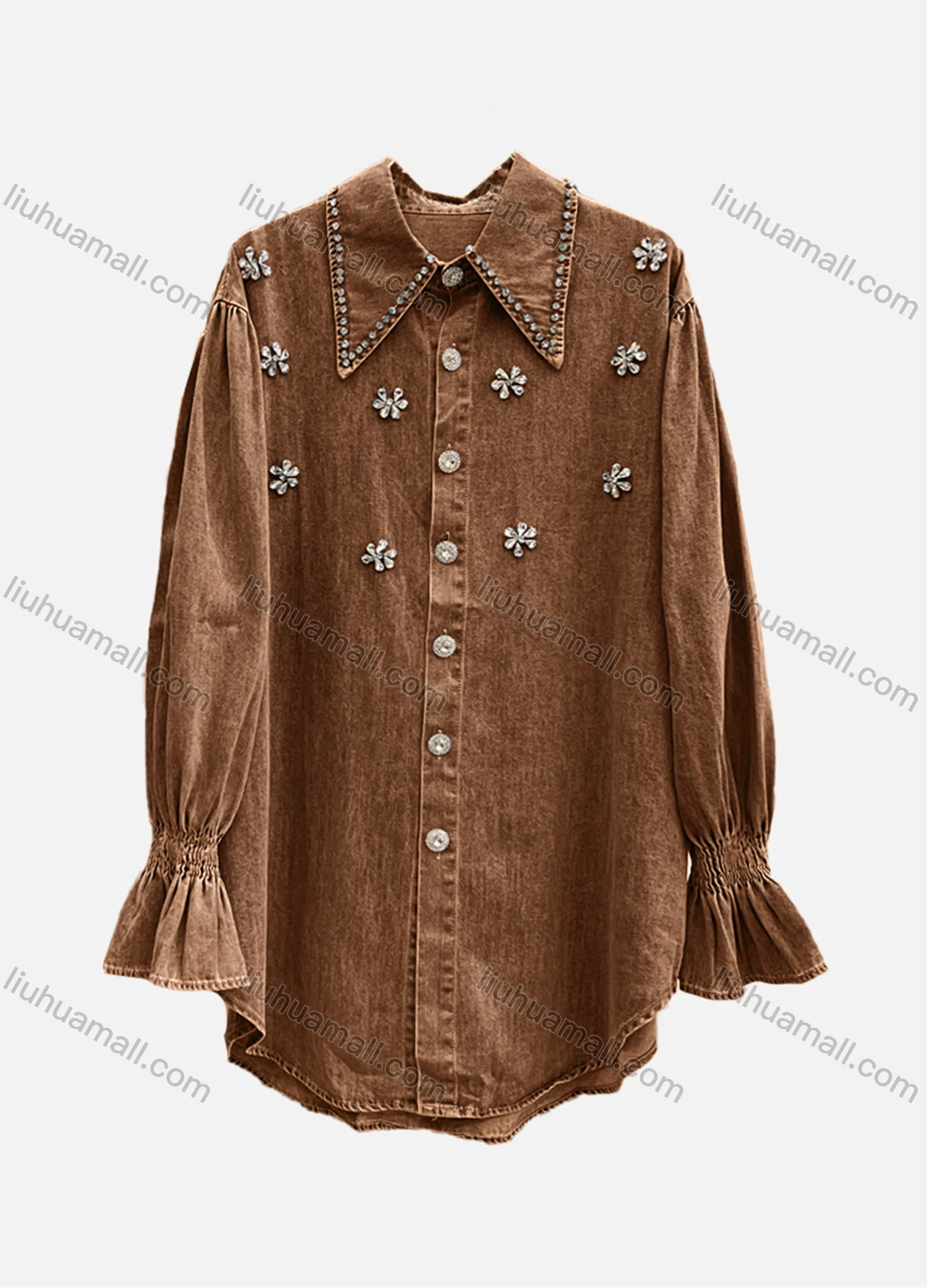 Wholesale Women's Casual Plain Shirred Rhinestone Collared Long Sleeve Curved Hem Button Down Denim Shirt - Liuhuamall