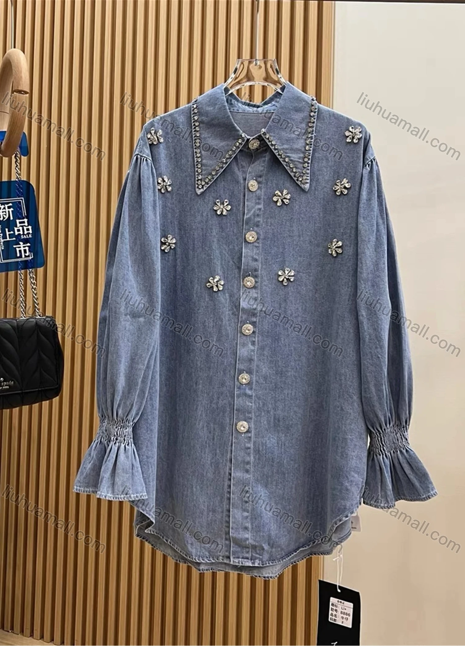 Wholesale Women's Casual Plain Shirred Rhinestone Collared Long Sleeve Curved Hem Button Down Denim Shirt - Liuhuamall