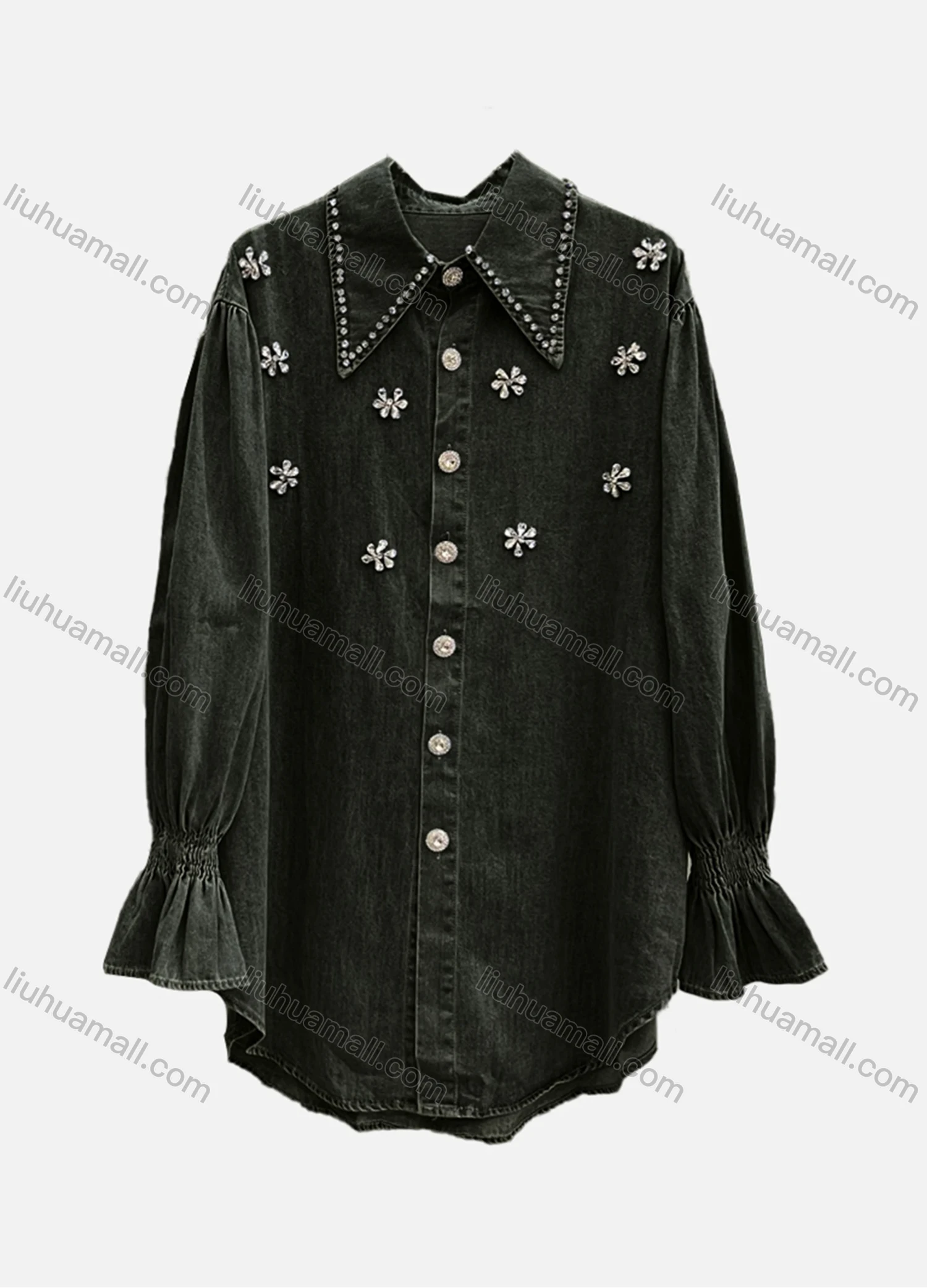 Wholesale Women's Casual Plain Shirred Rhinestone Collared Long Sleeve Curved Hem Button Down Denim Shirt - Liuhuamall