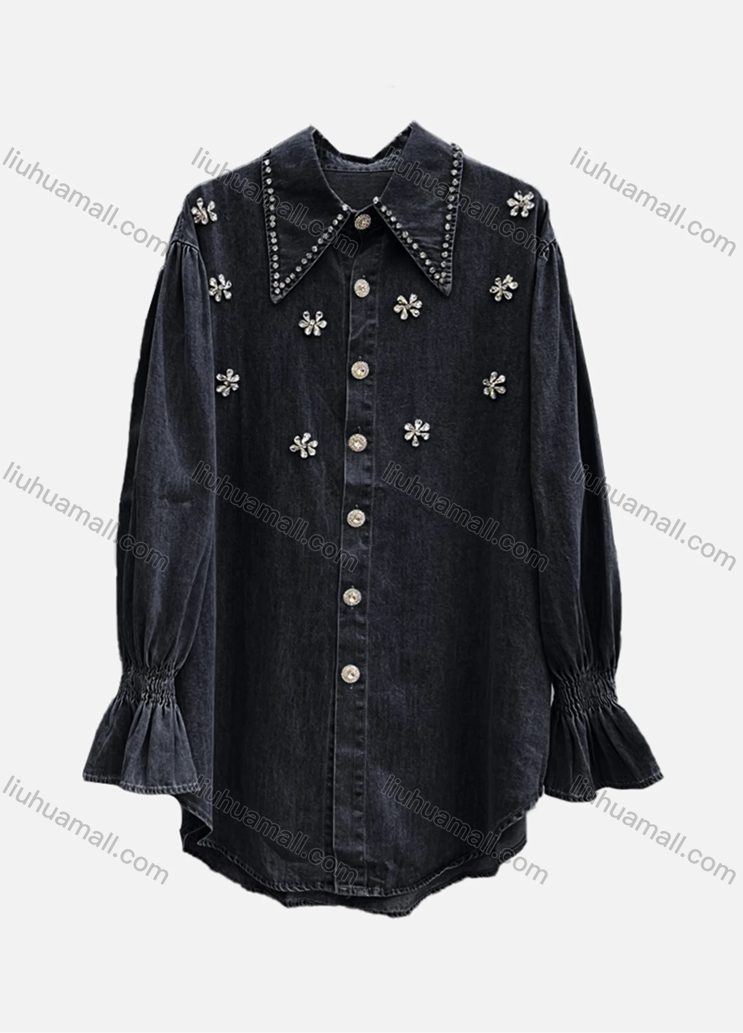 Wholesale Women's Casual Plain Shirred Rhinestone Collared Long Sleeve Curved Hem Button Down Denim Shirt - Liuhuamall