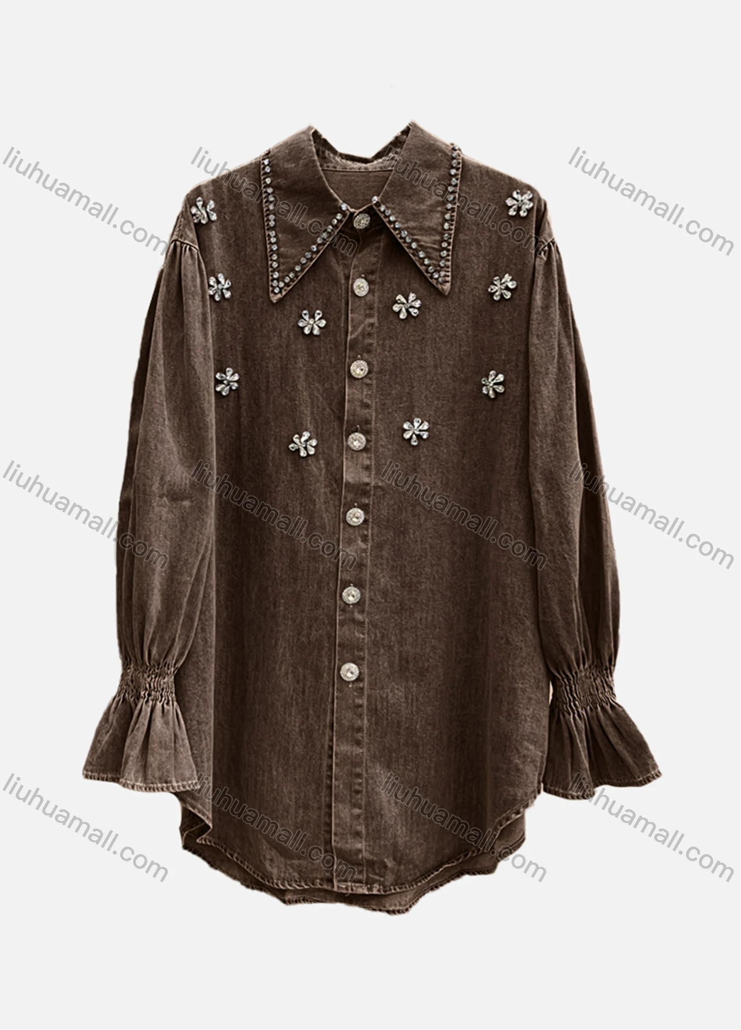 Wholesale Women's Casual Plain Shirred Rhinestone Collared Long Sleeve Curved Hem Button Down Denim Shirt - Liuhuamall