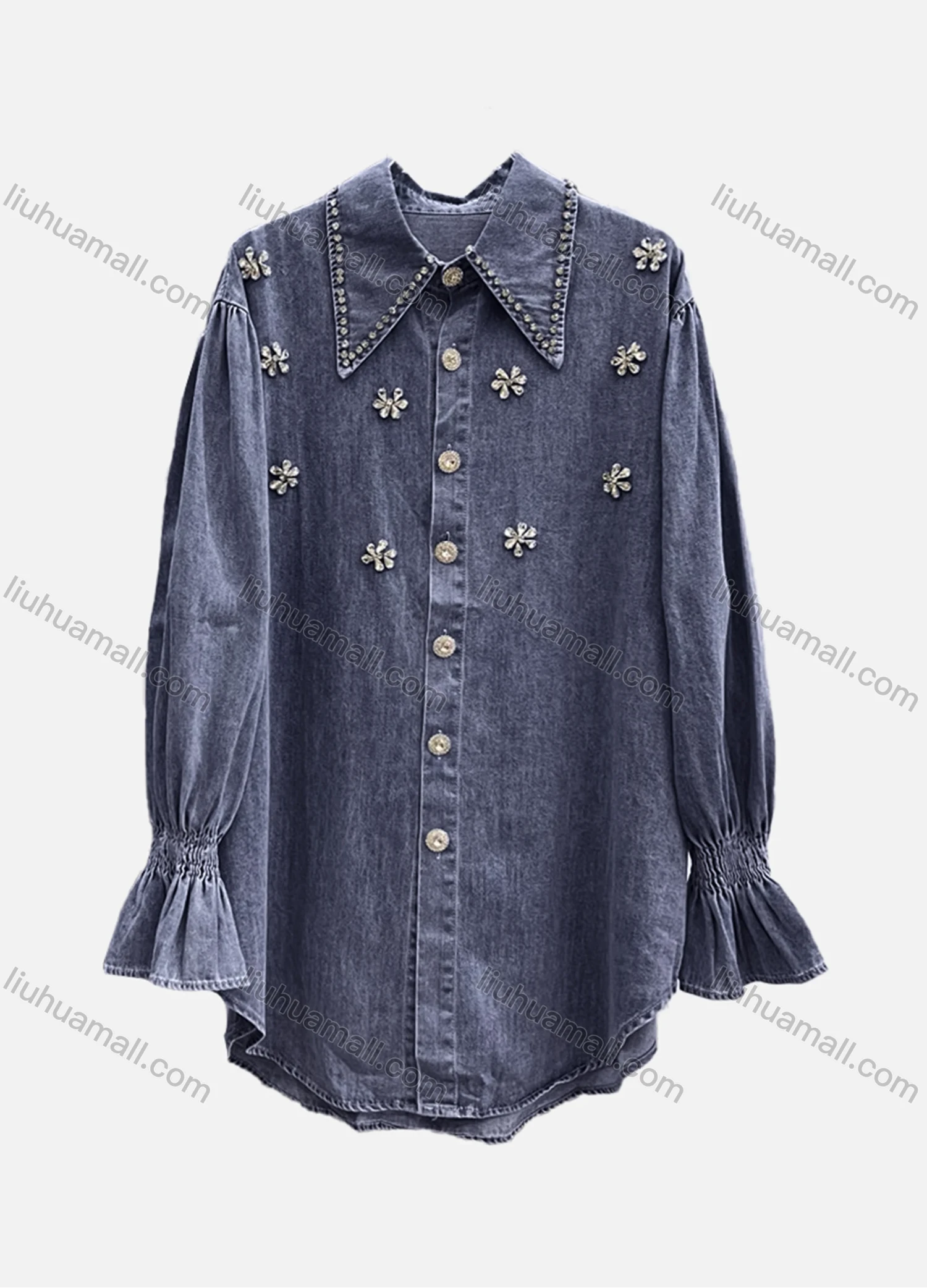 Wholesale Women's Casual Plain Shirred Rhinestone Collared Long Sleeve Curved Hem Button Down Denim Shirt - Liuhuamall