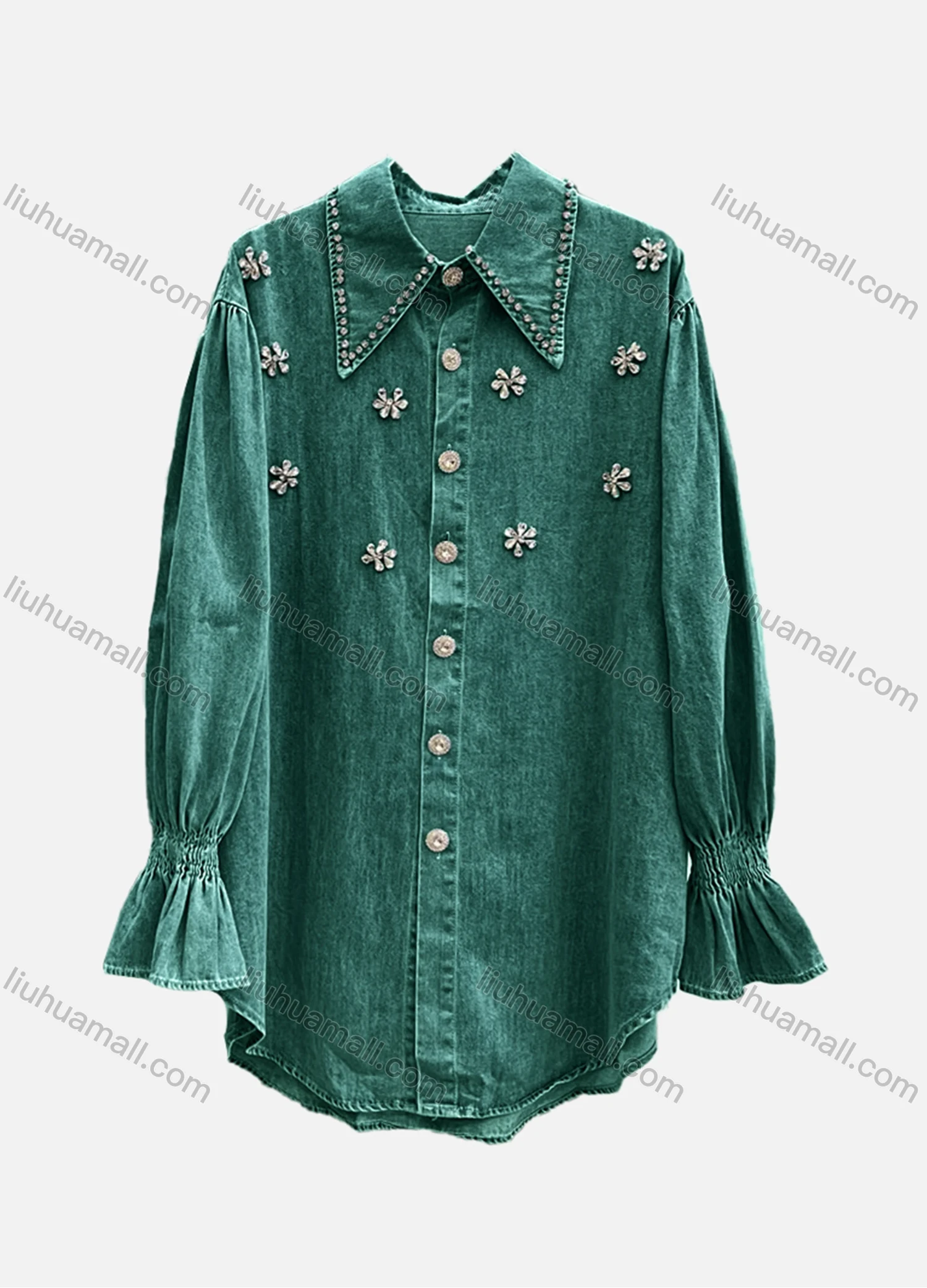 Wholesale Women's Casual Plain Shirred Rhinestone Collared Long Sleeve Curved Hem Button Down Denim Shirt - Liuhuamall