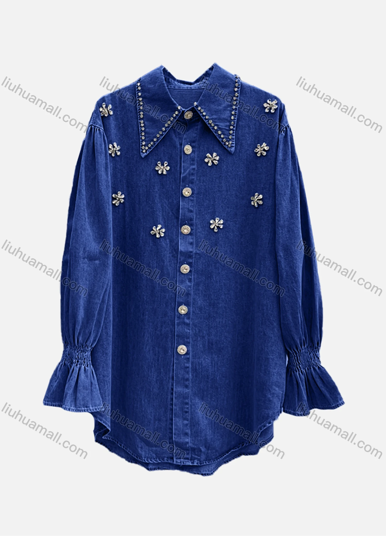 Wholesale Women's Casual Plain Shirred Rhinestone Collared Long Sleeve Curved Hem Button Down Denim Shirt - Liuhuamall