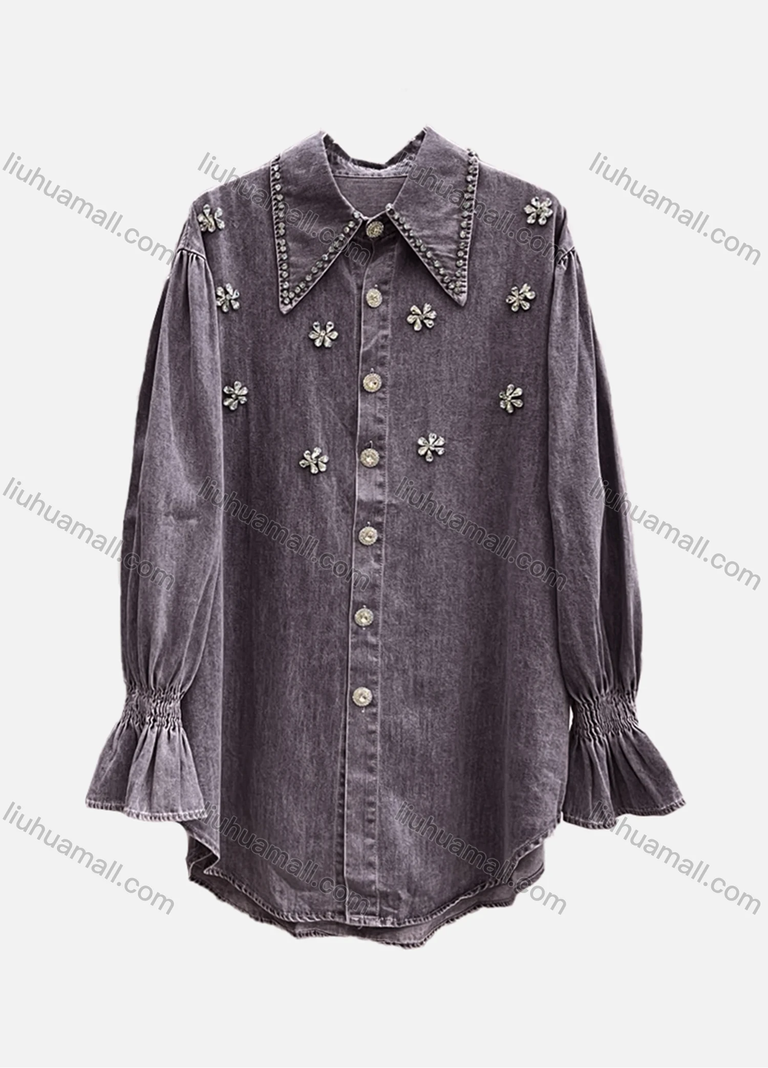 Wholesale Women's Casual Plain Shirred Rhinestone Collared Long Sleeve Curved Hem Button Down Denim Shirt - Liuhuamall