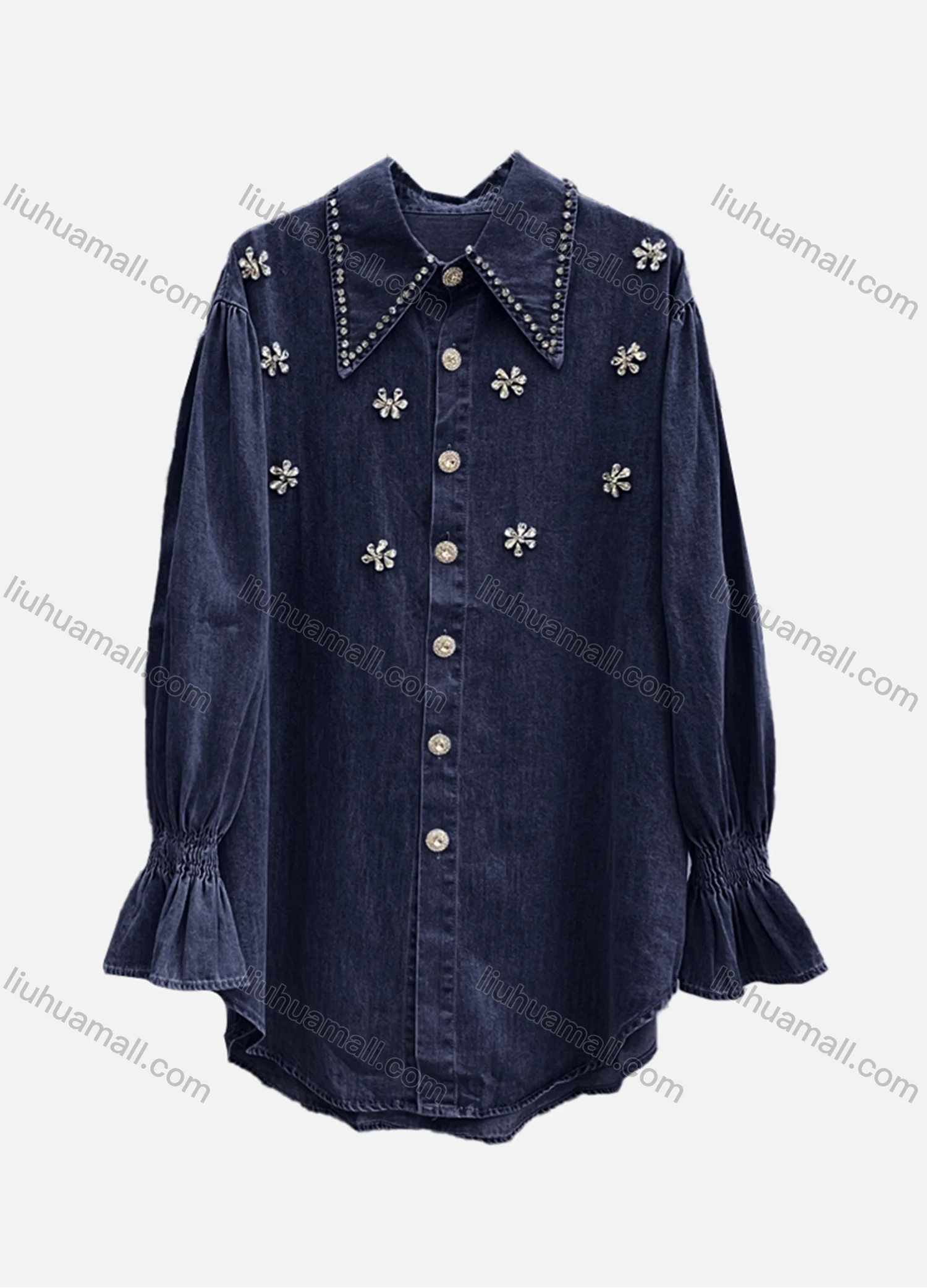 Wholesale Women's Casual Plain Shirred Rhinestone Collared Long Sleeve Curved Hem Button Down Denim Shirt - Liuhuamall