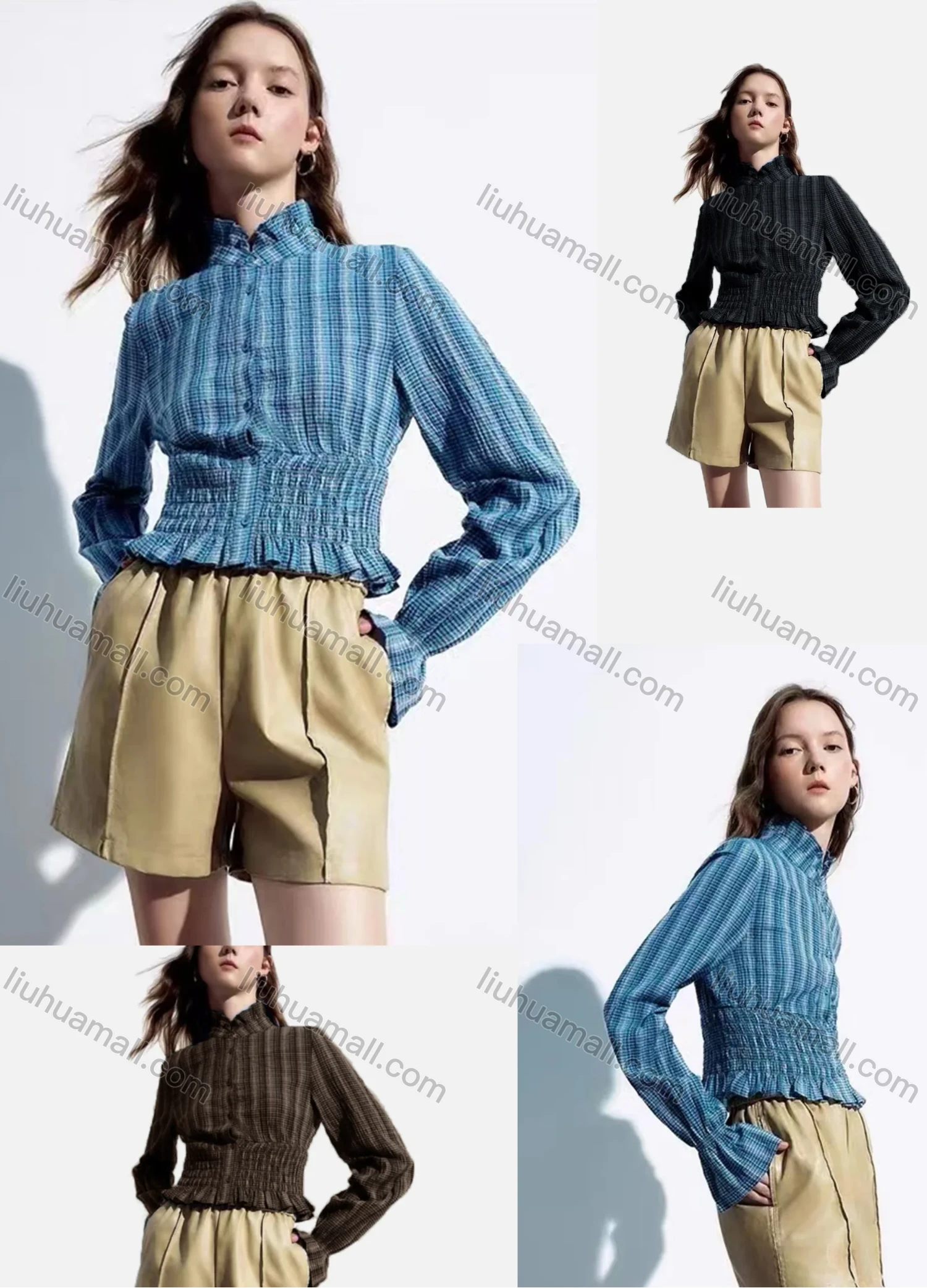 Wholesale Women's Casual Striped Shirred Ruffle Trim Poet Sleeve Mock Neck Button Down Crop Blouse - Liuhuamall