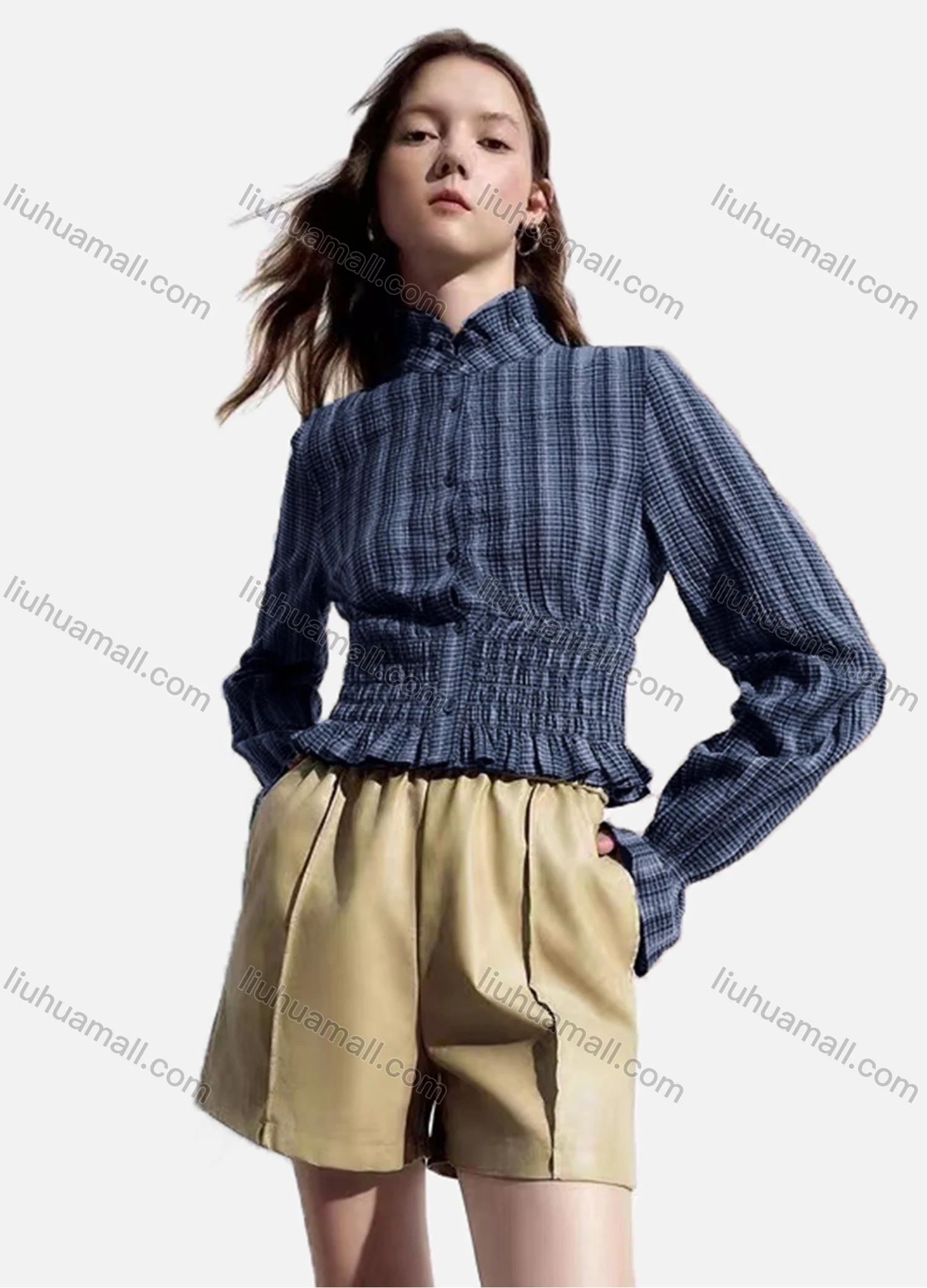 Wholesale Women's Casual Striped Shirred Ruffle Trim Poet Sleeve Mock Neck Button Down Crop Blouse - Liuhuamall
