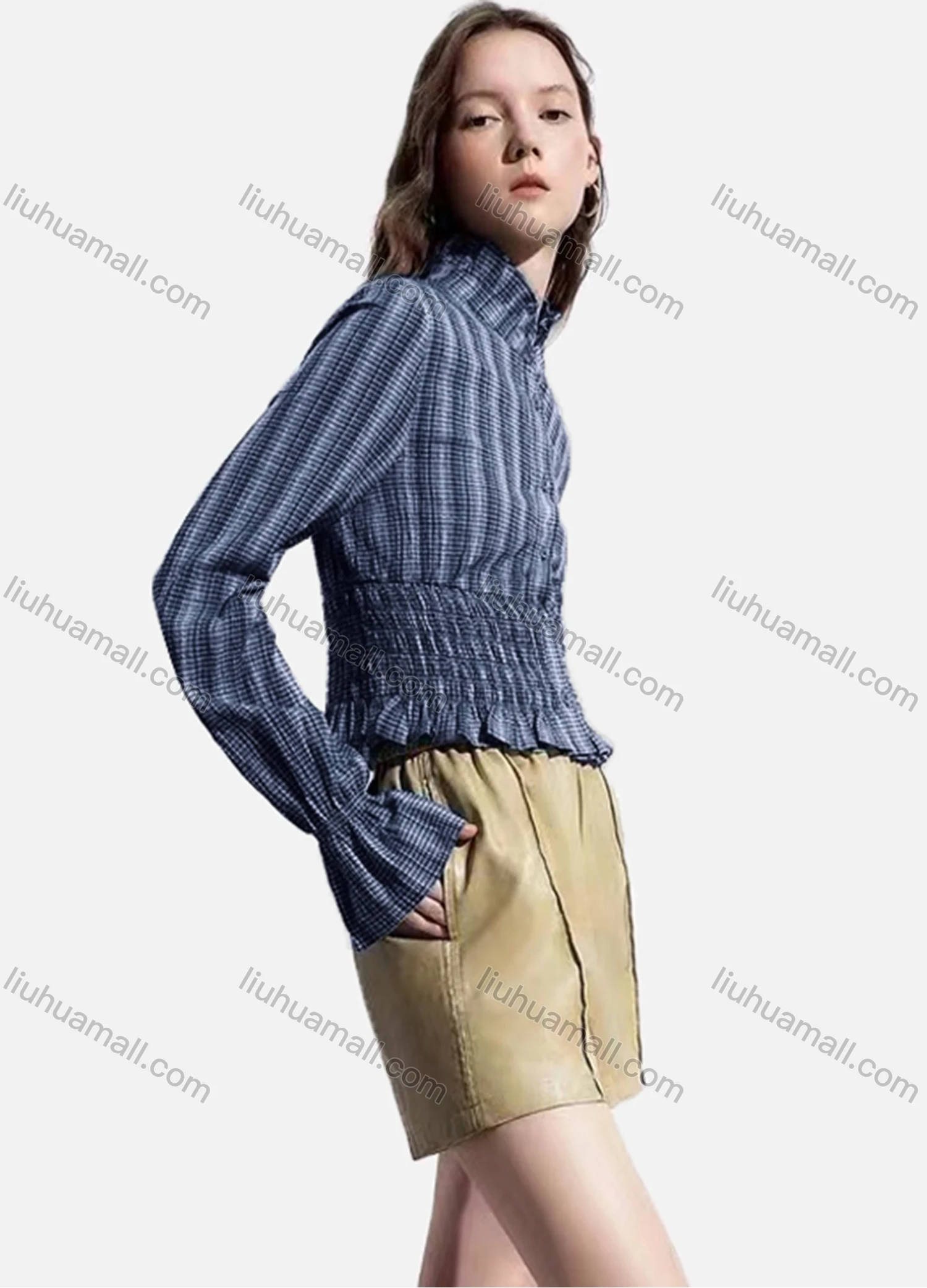 Wholesale Women's Casual Striped Shirred Ruffle Trim Poet Sleeve Mock Neck Button Down Crop Blouse - Liuhuamall