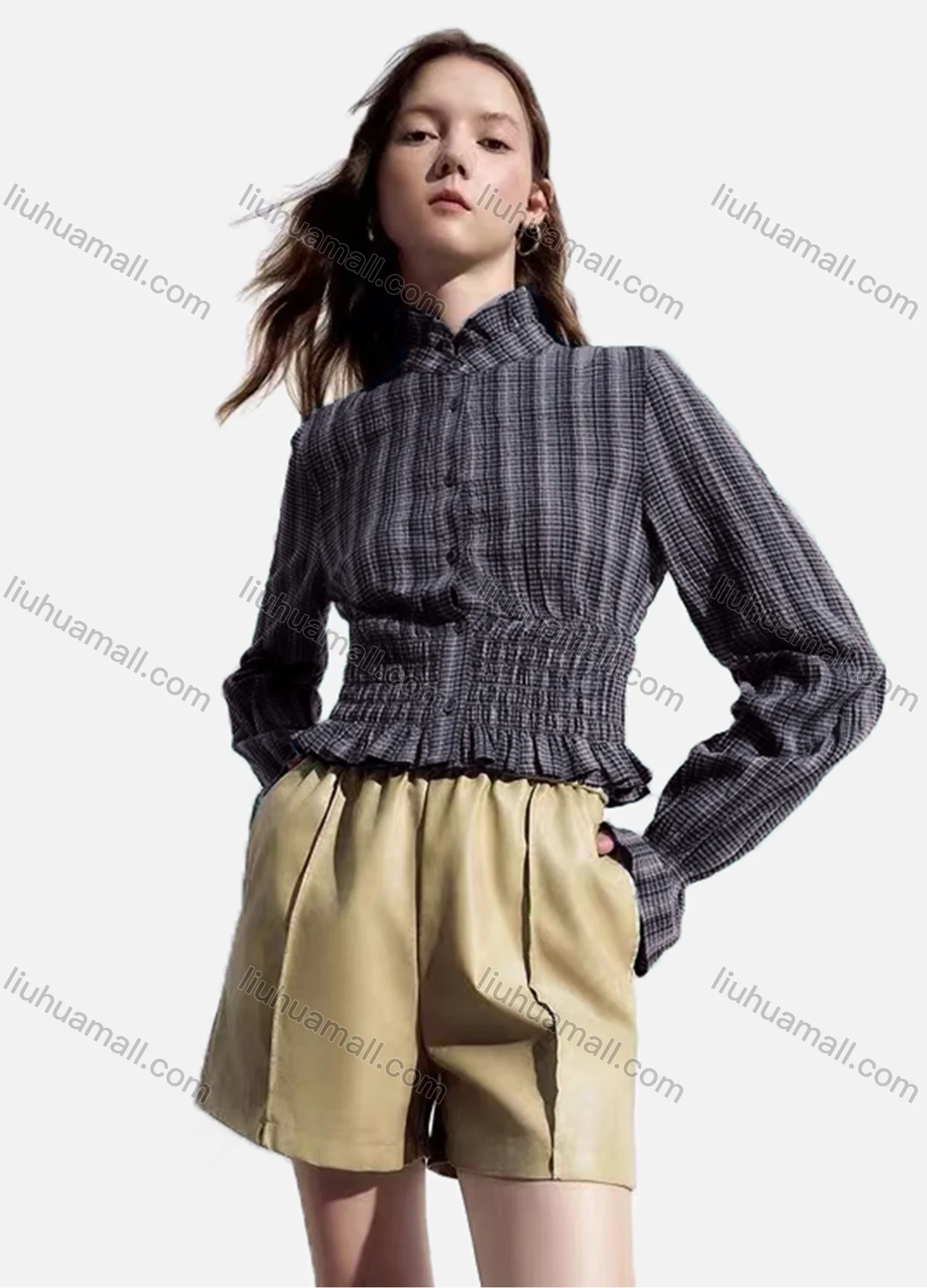 Wholesale Women's Casual Striped Shirred Ruffle Trim Poet Sleeve Mock Neck Button Down Crop Blouse - Liuhuamall