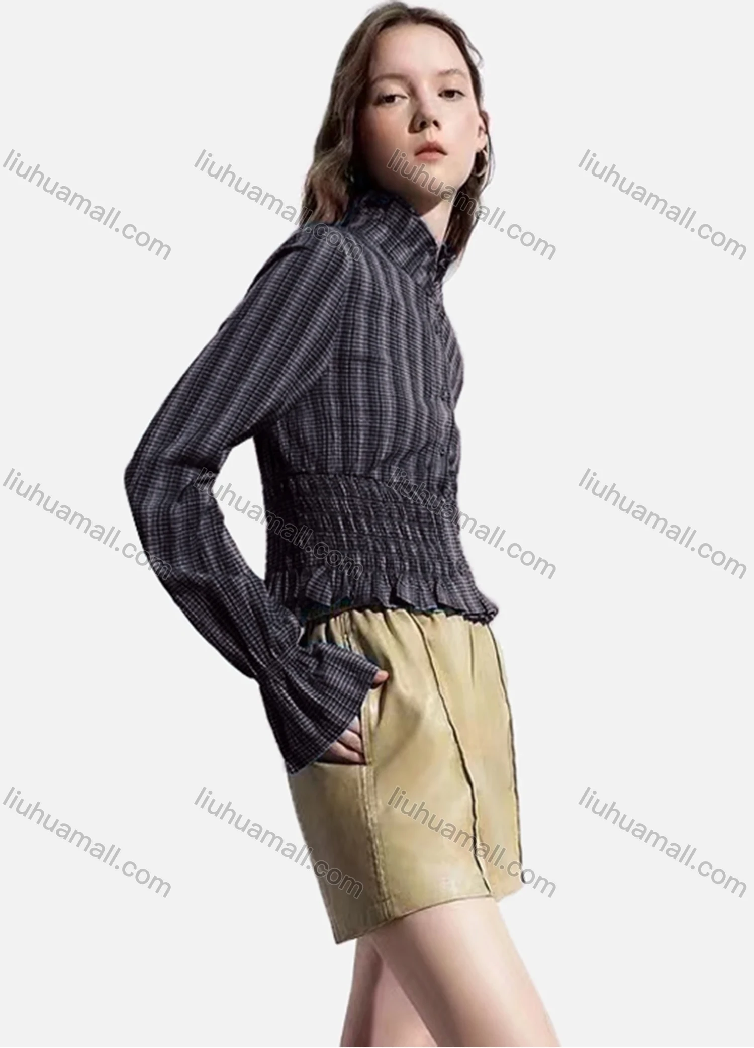 Wholesale Women's Casual Striped Shirred Ruffle Trim Poet Sleeve Mock Neck Button Down Crop Blouse - Liuhuamall