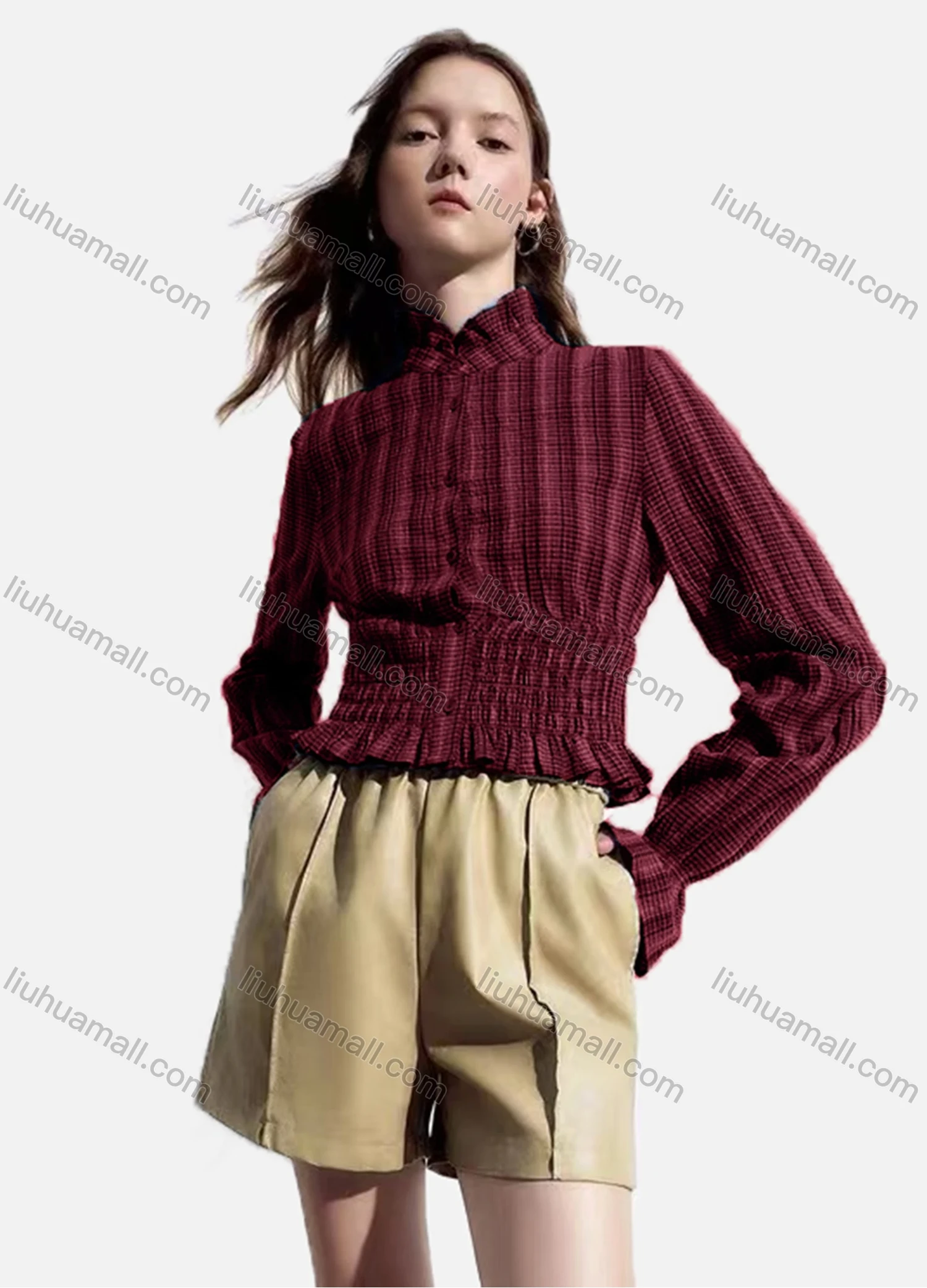 Wholesale Women's Casual Striped Shirred Ruffle Trim Poet Sleeve Mock Neck Button Down Crop Blouse - Liuhuamall
