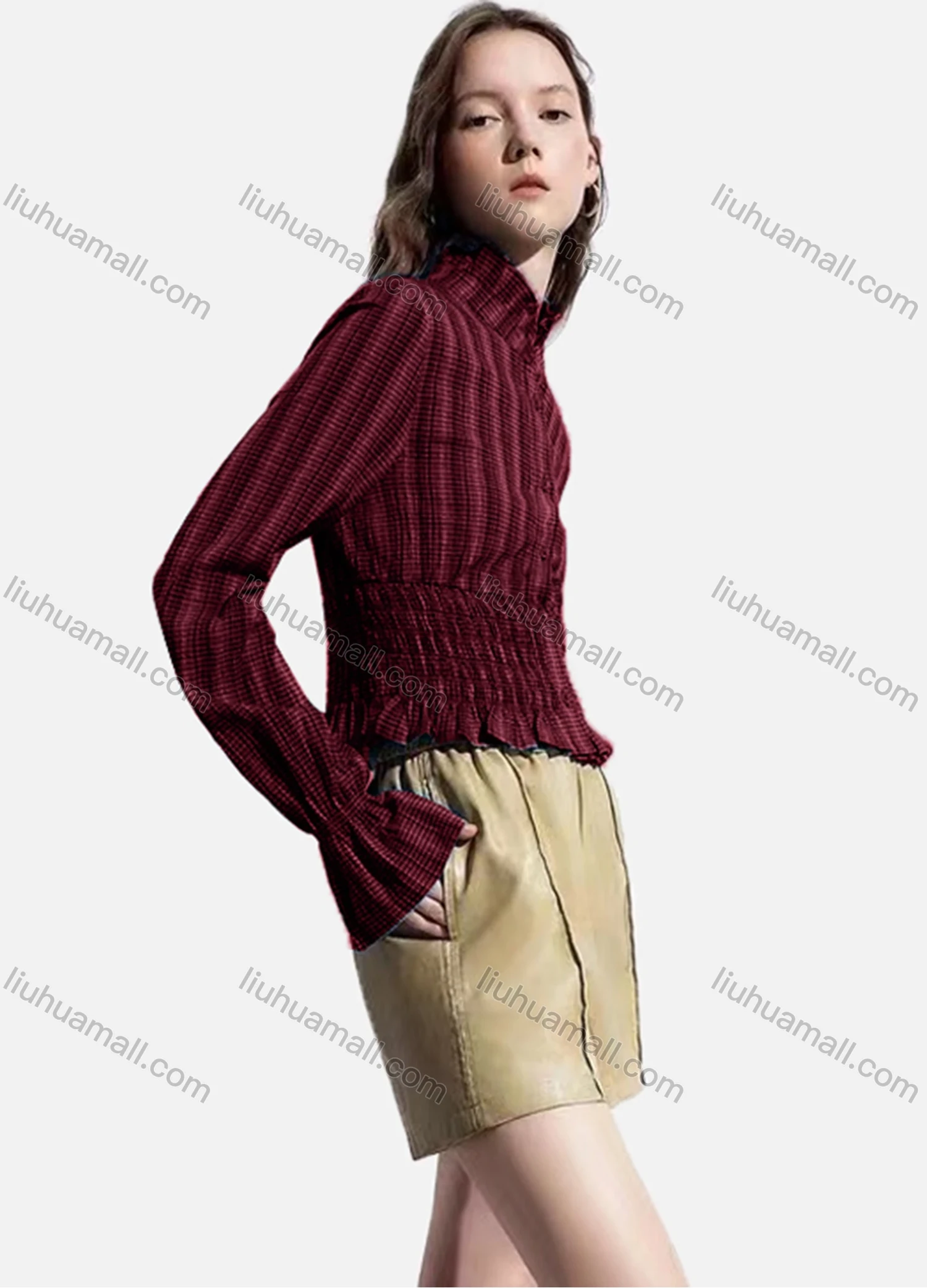 Wholesale Women's Casual Striped Shirred Ruffle Trim Poet Sleeve Mock Neck Button Down Crop Blouse - Liuhuamall