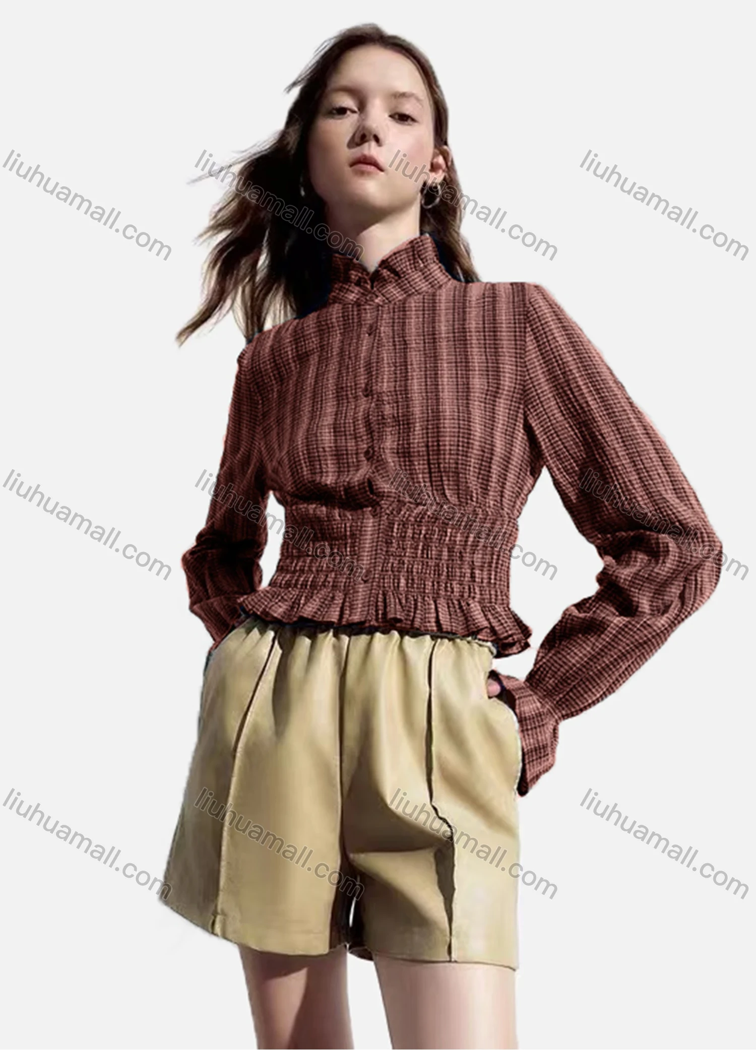 Wholesale Women's Casual Striped Shirred Ruffle Trim Poet Sleeve Mock Neck Button Down Crop Blouse - Liuhuamall