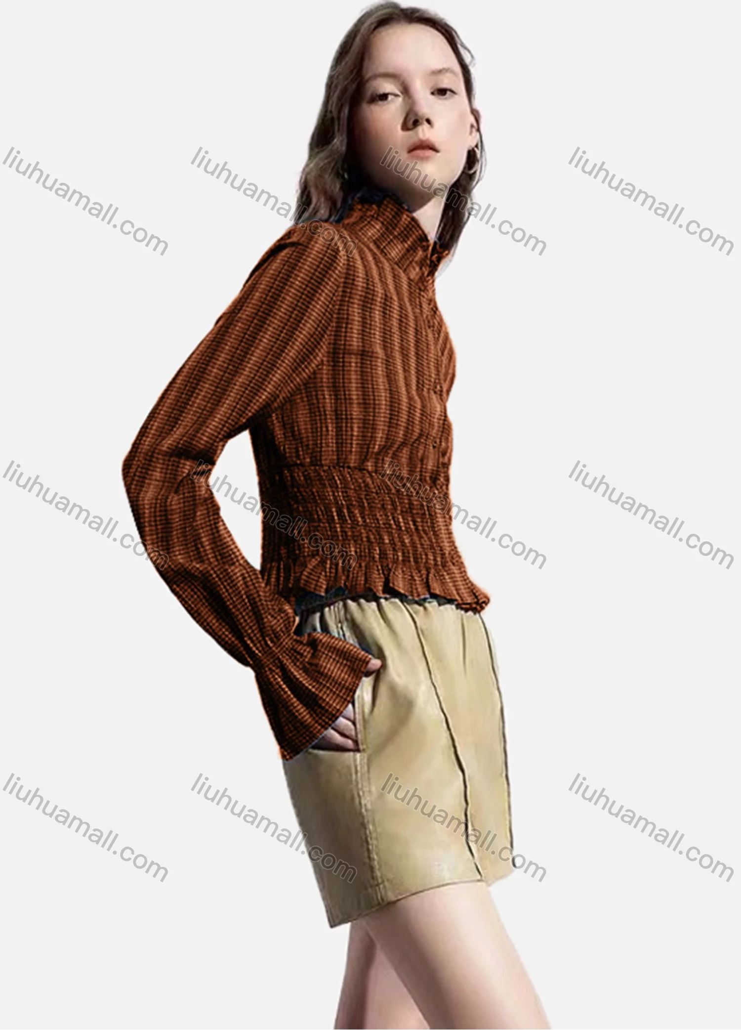 Wholesale Women's Casual Striped Shirred Ruffle Trim Poet Sleeve Mock Neck Button Down Crop Blouse - Liuhuamall