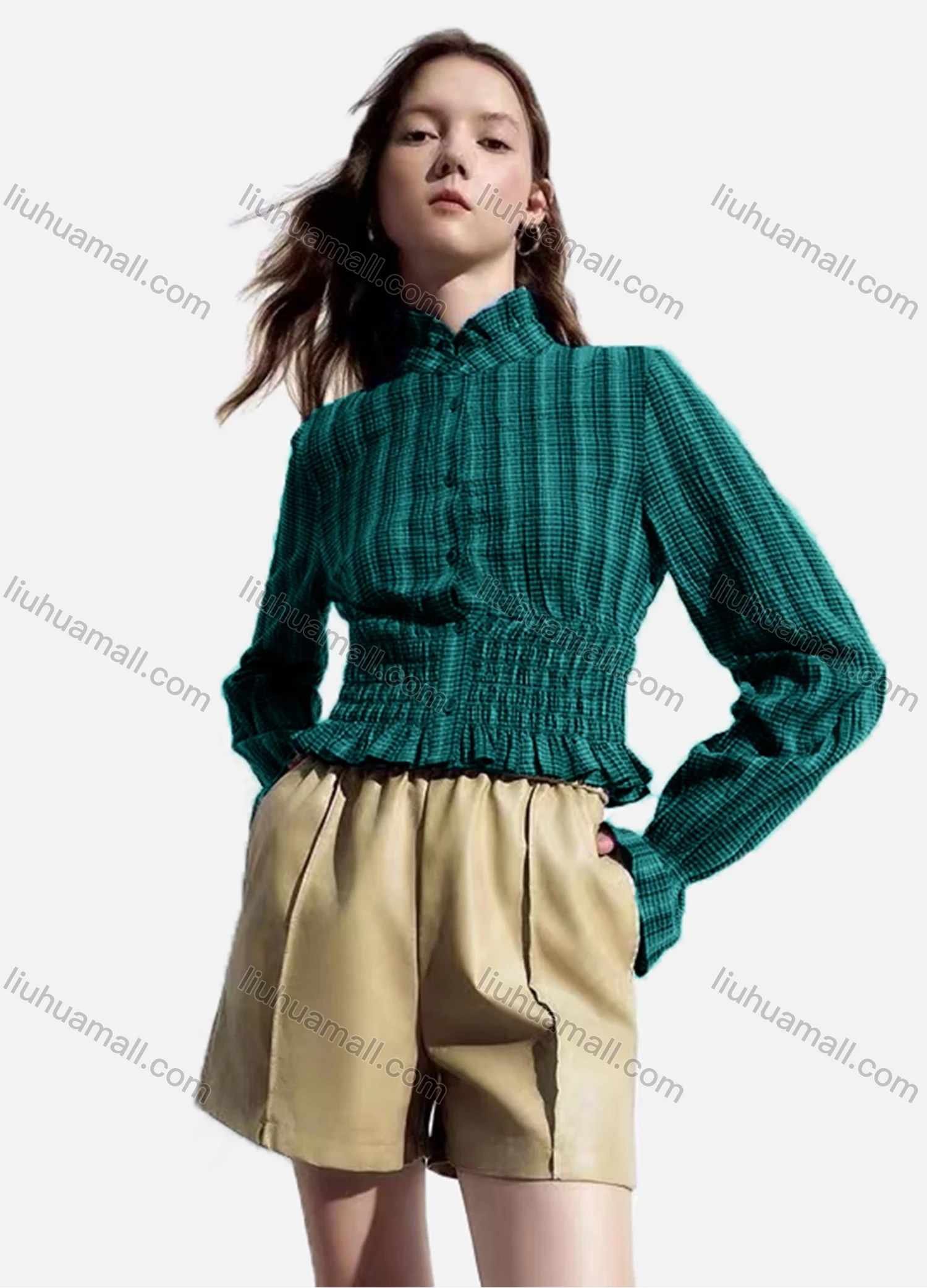 Wholesale Women's Casual Striped Shirred Ruffle Trim Poet Sleeve Mock Neck Button Down Crop Blouse - Liuhuamall