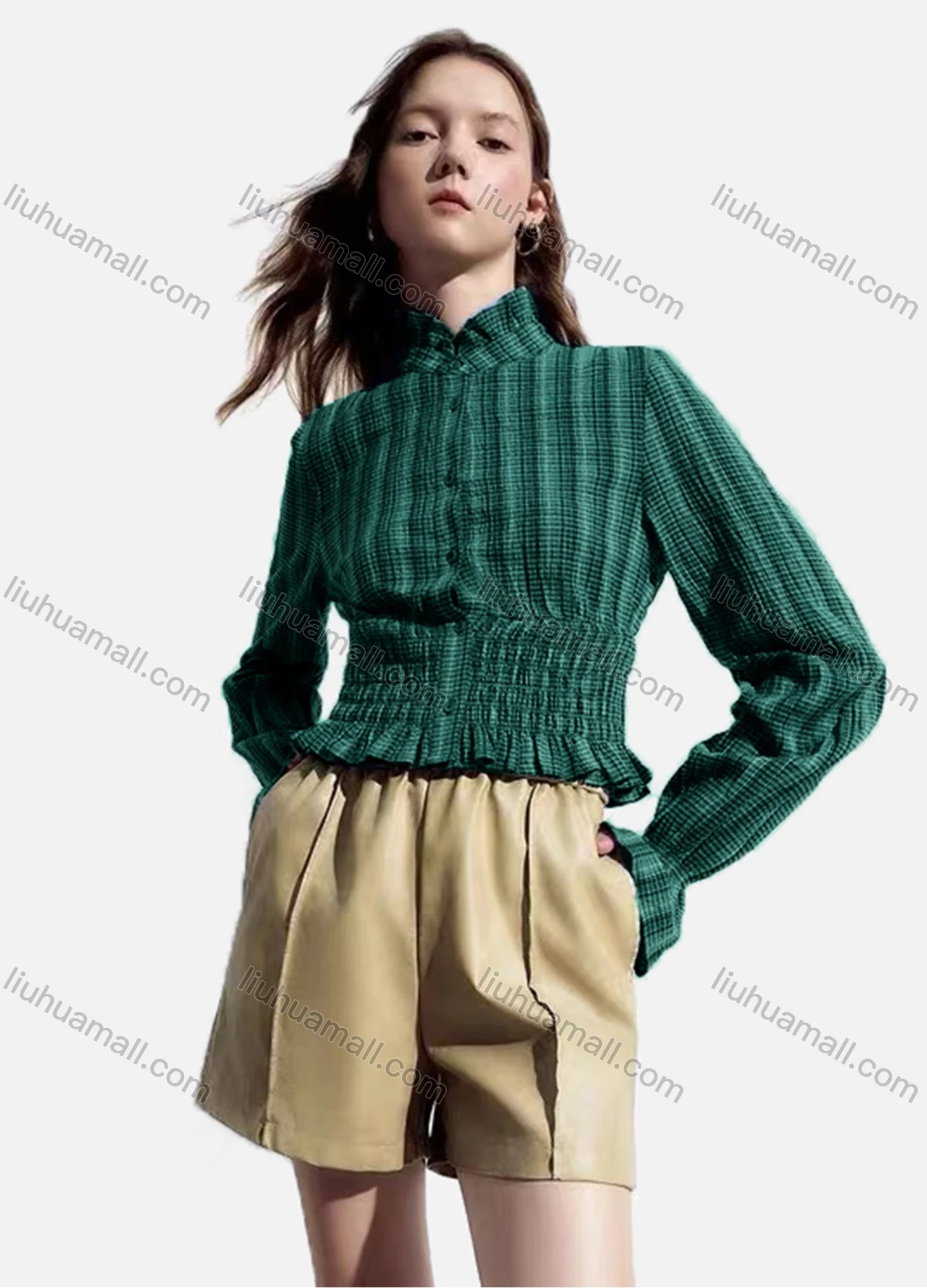 Wholesale Women's Casual Striped Shirred Ruffle Trim Poet Sleeve Mock Neck Button Down Crop Blouse - Liuhuamall
