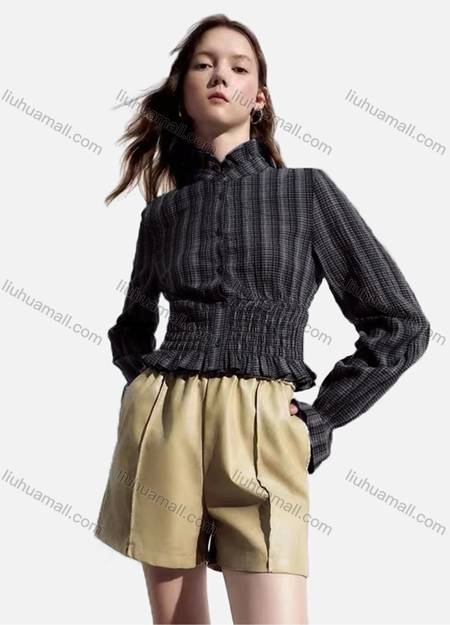 Wholesale Women's Casual Striped Shirred Ruffle Trim Poet Sleeve Mock Neck Button Down Crop Blouse - Liuhuamall