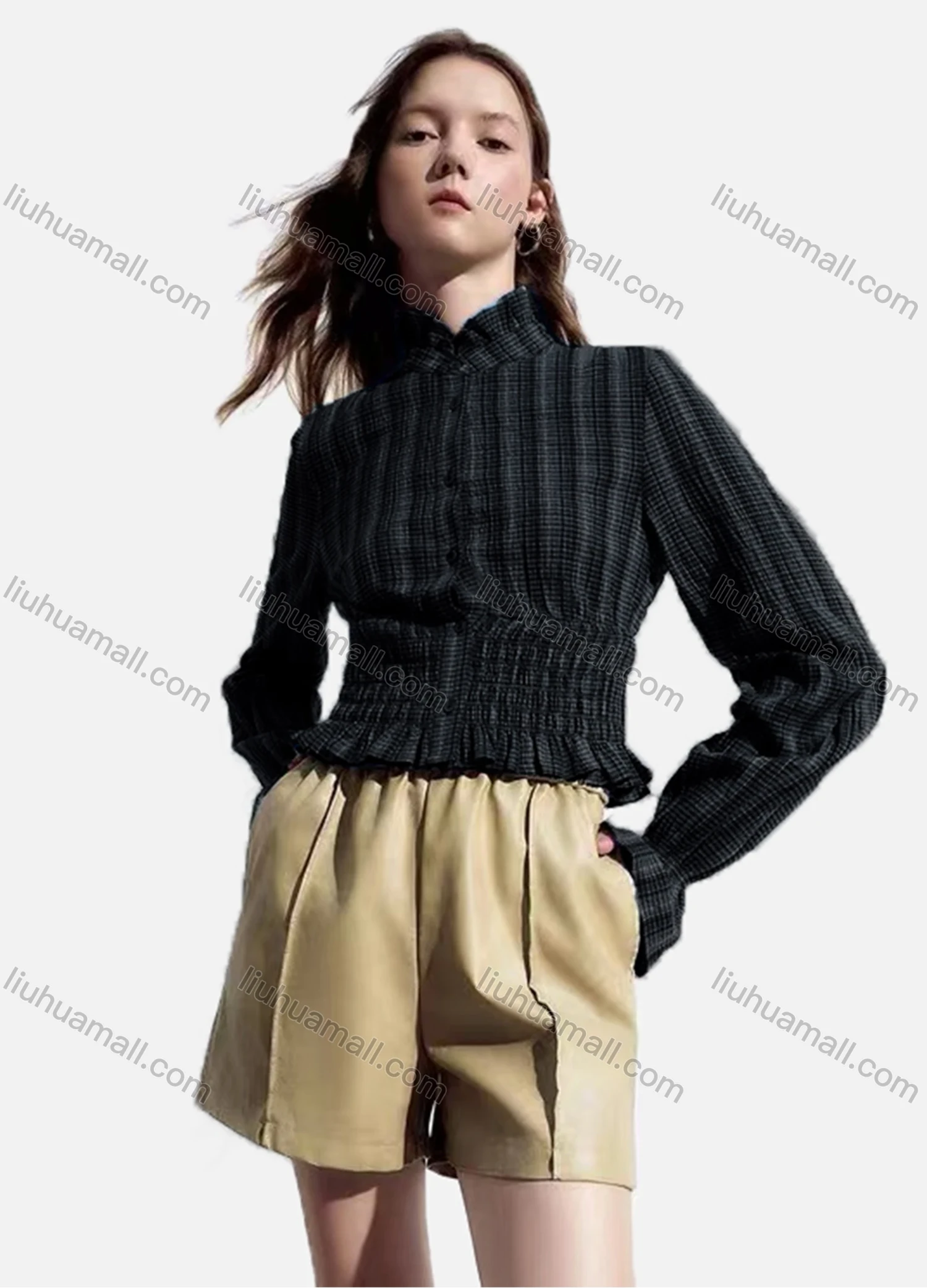 Wholesale Women's Casual Striped Shirred Ruffle Trim Poet Sleeve Mock Neck Button Down Crop Blouse - Liuhuamall
