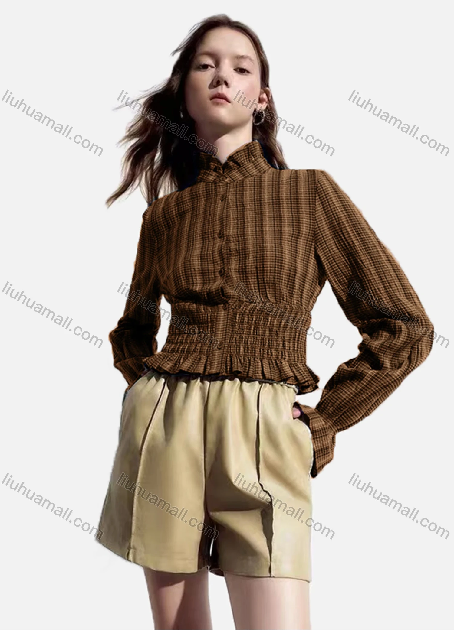 Wholesale Women's Casual Striped Shirred Ruffle Trim Poet Sleeve Mock Neck Button Down Crop Blouse - Liuhuamall