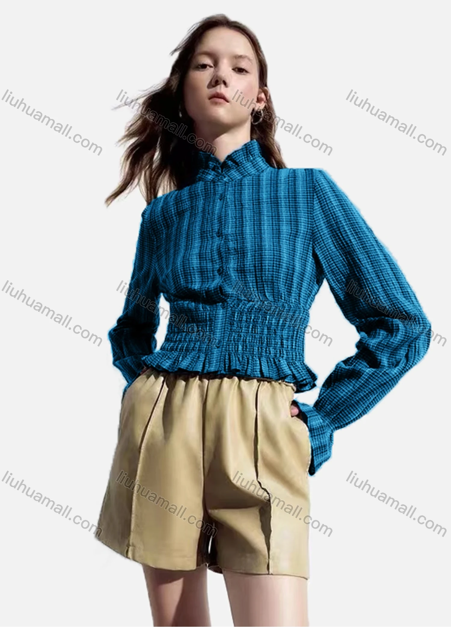 Wholesale Women's Casual Striped Shirred Ruffle Trim Poet Sleeve Mock Neck Button Down Crop Blouse - Liuhuamall