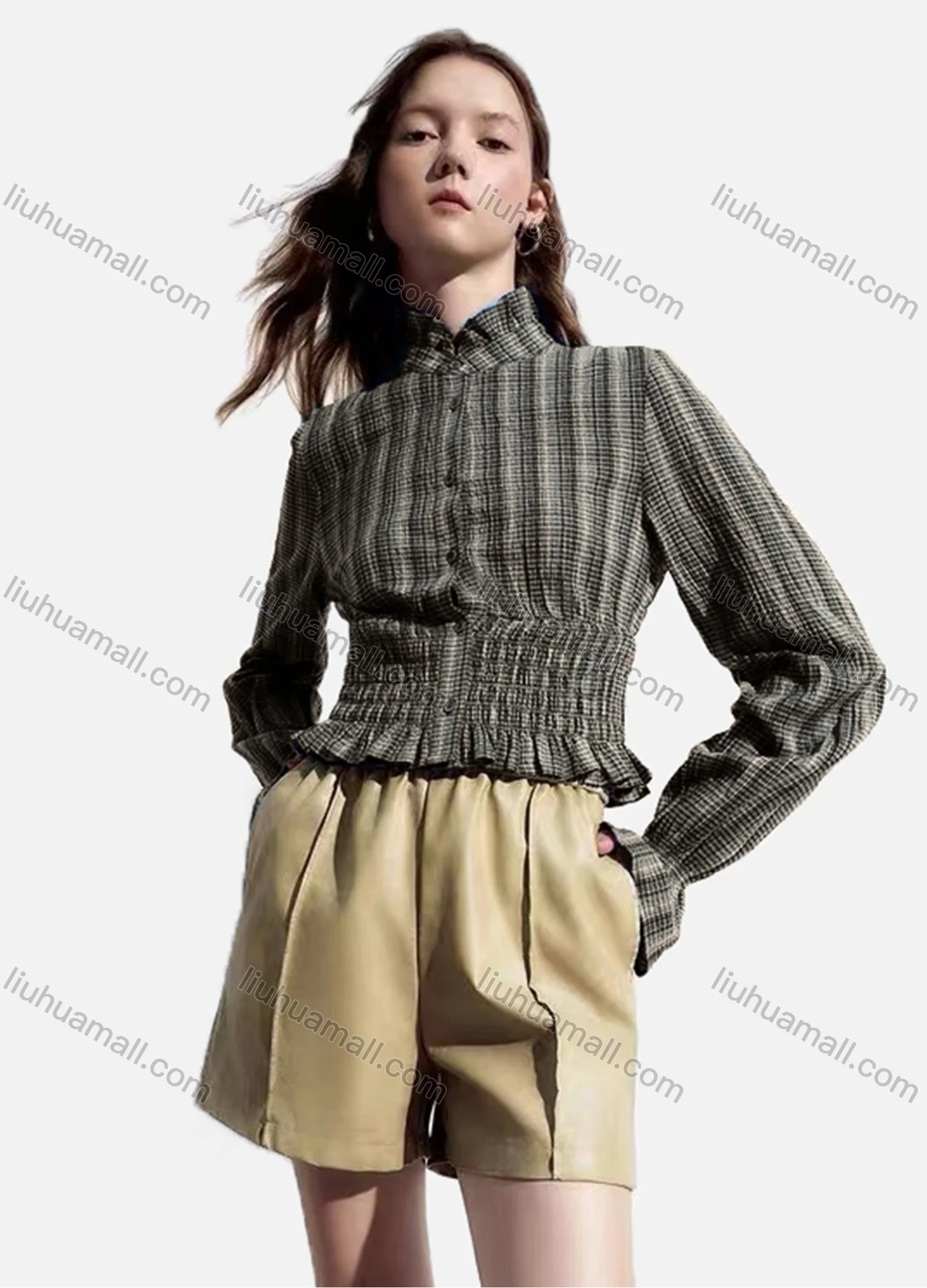 Wholesale Women's Casual Striped Shirred Ruffle Trim Poet Sleeve Mock Neck Button Down Crop Blouse - Liuhuamall