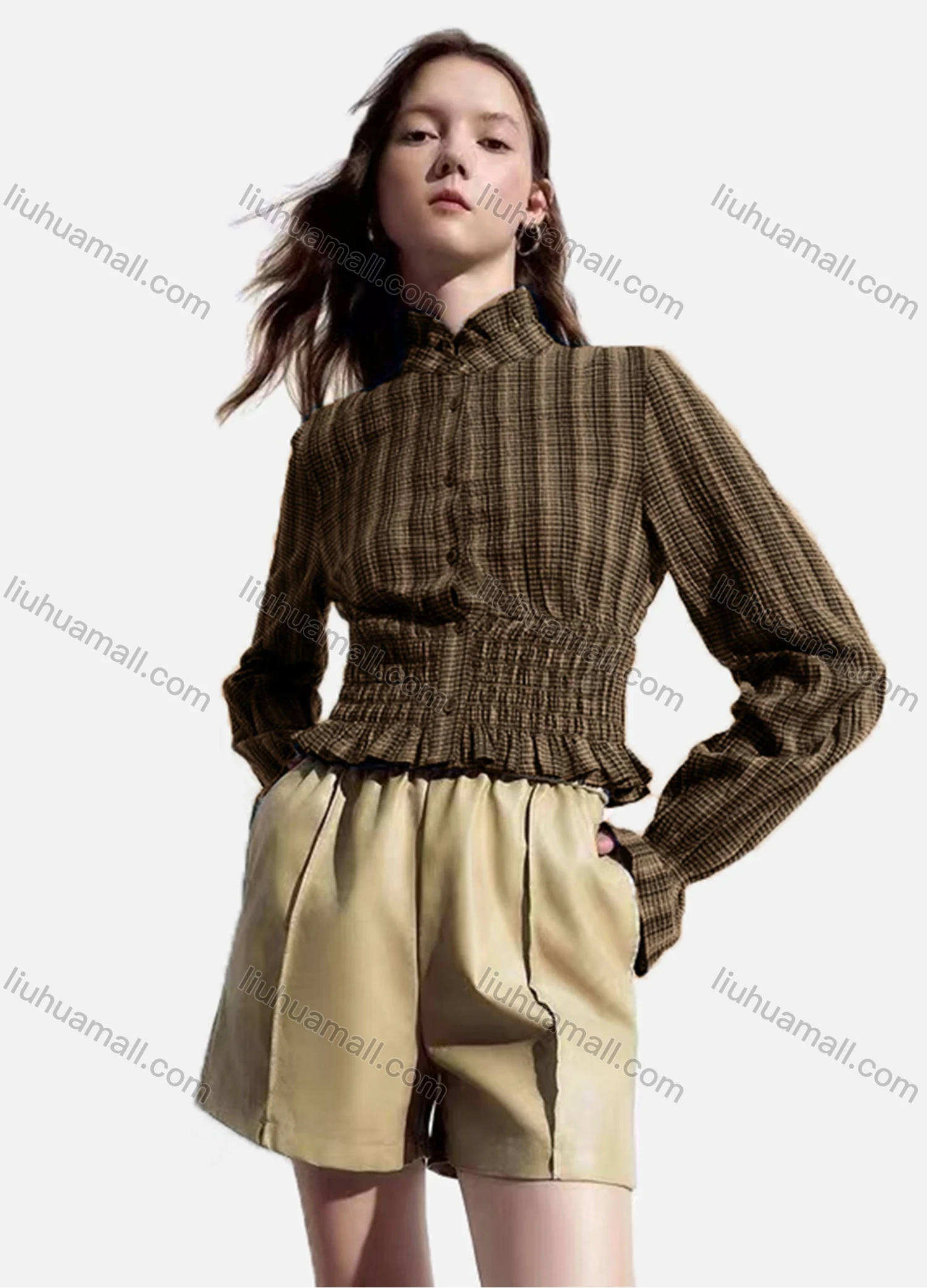 Wholesale Women's Casual Striped Shirred Ruffle Trim Poet Sleeve Mock Neck Button Down Crop Blouse - Liuhuamall